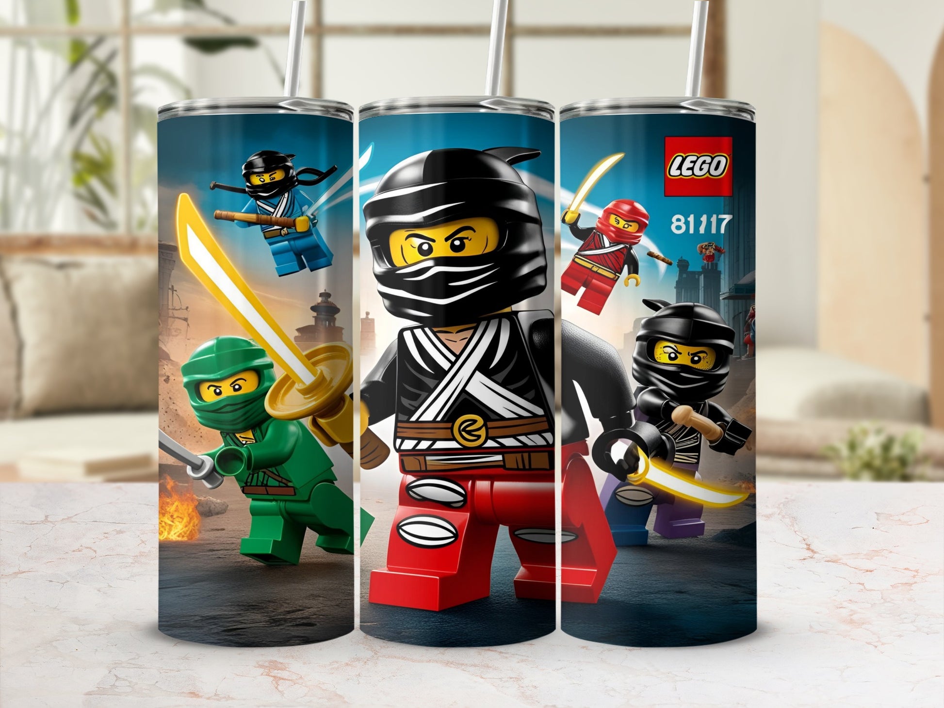 Three Lego Ninjago characters with swords and nunchucks on a tumbler.