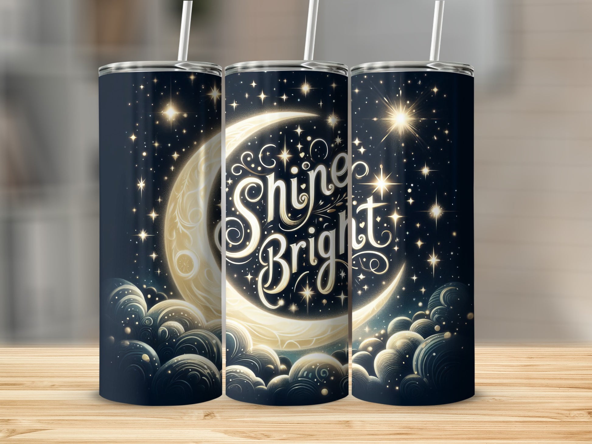 Three tumblers with a crescent moon, stars, and "Shine Bright" text.