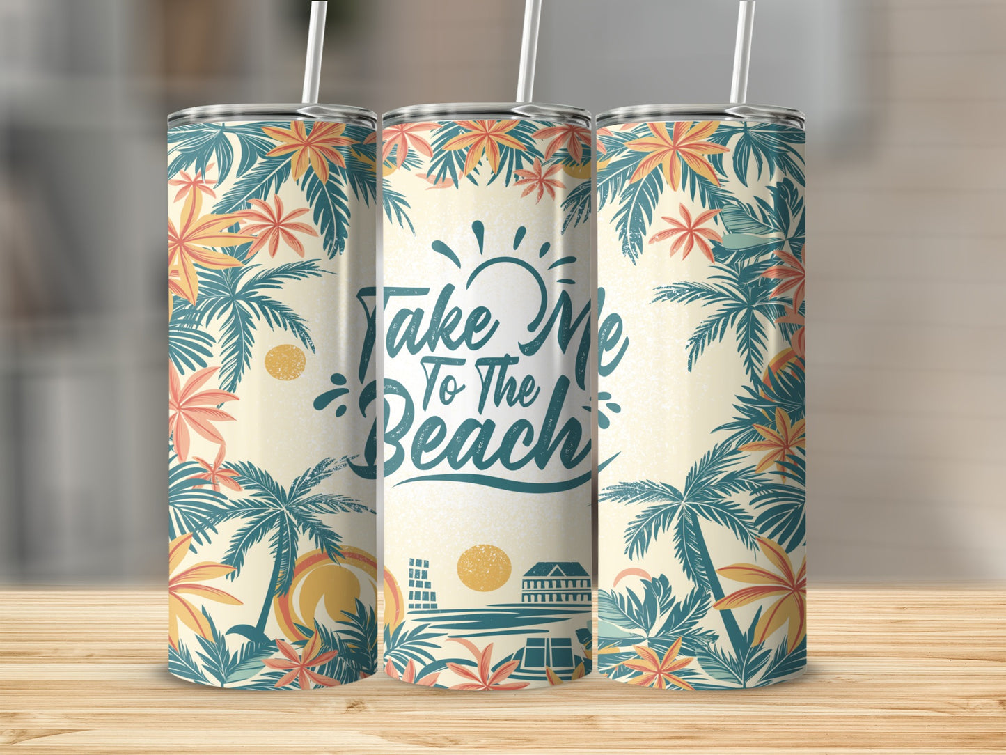 Tumbler with "Take Me To The Beach" text, palm trees, and a sunset scene.