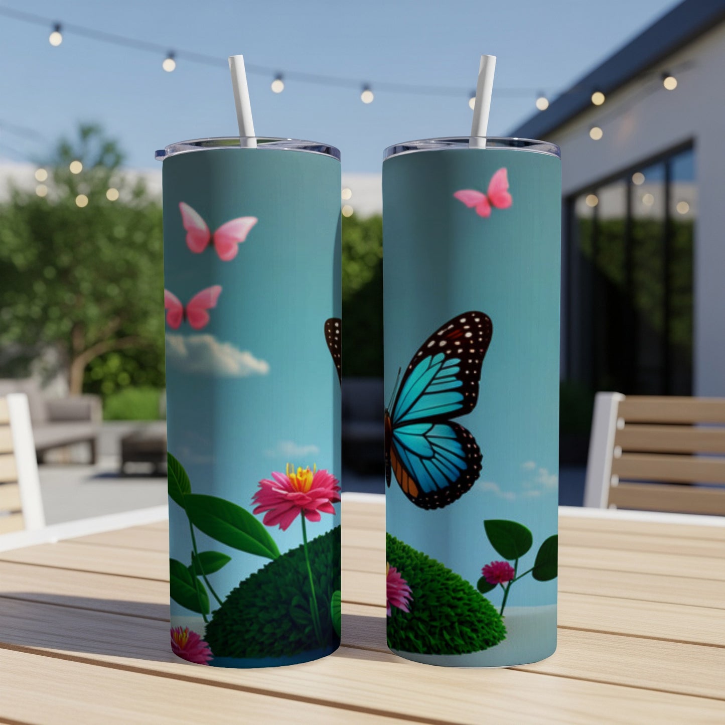 Two tumblers with colorful butterflies and flowers against a sky backdrop.