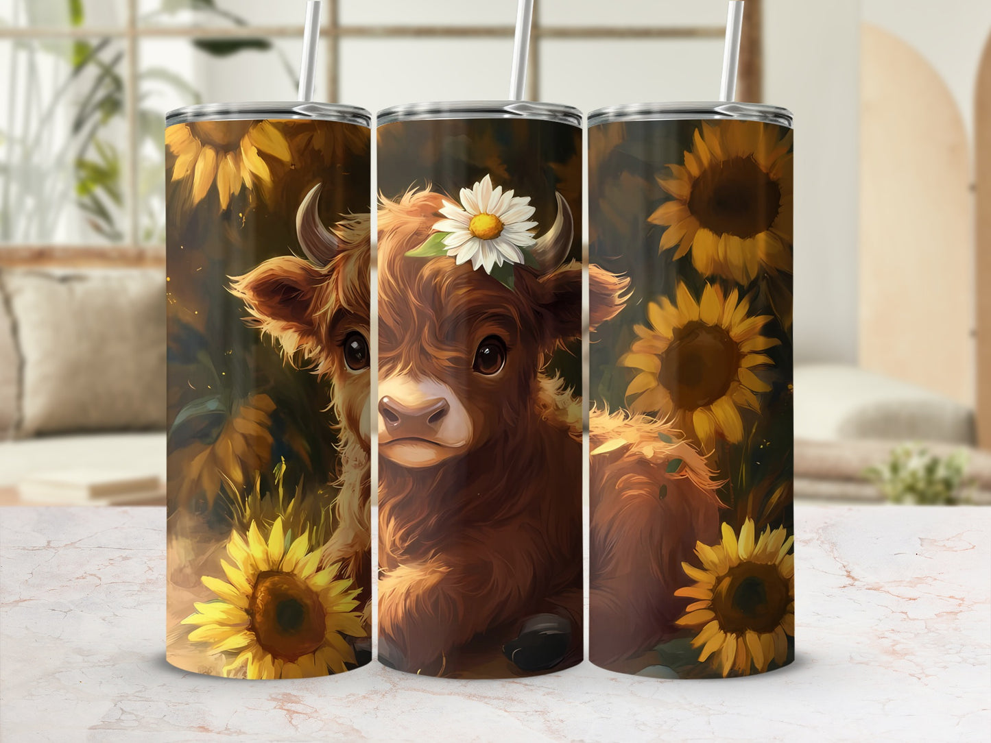 Adorable Highland Cow and Sunflowers Art Tumbler