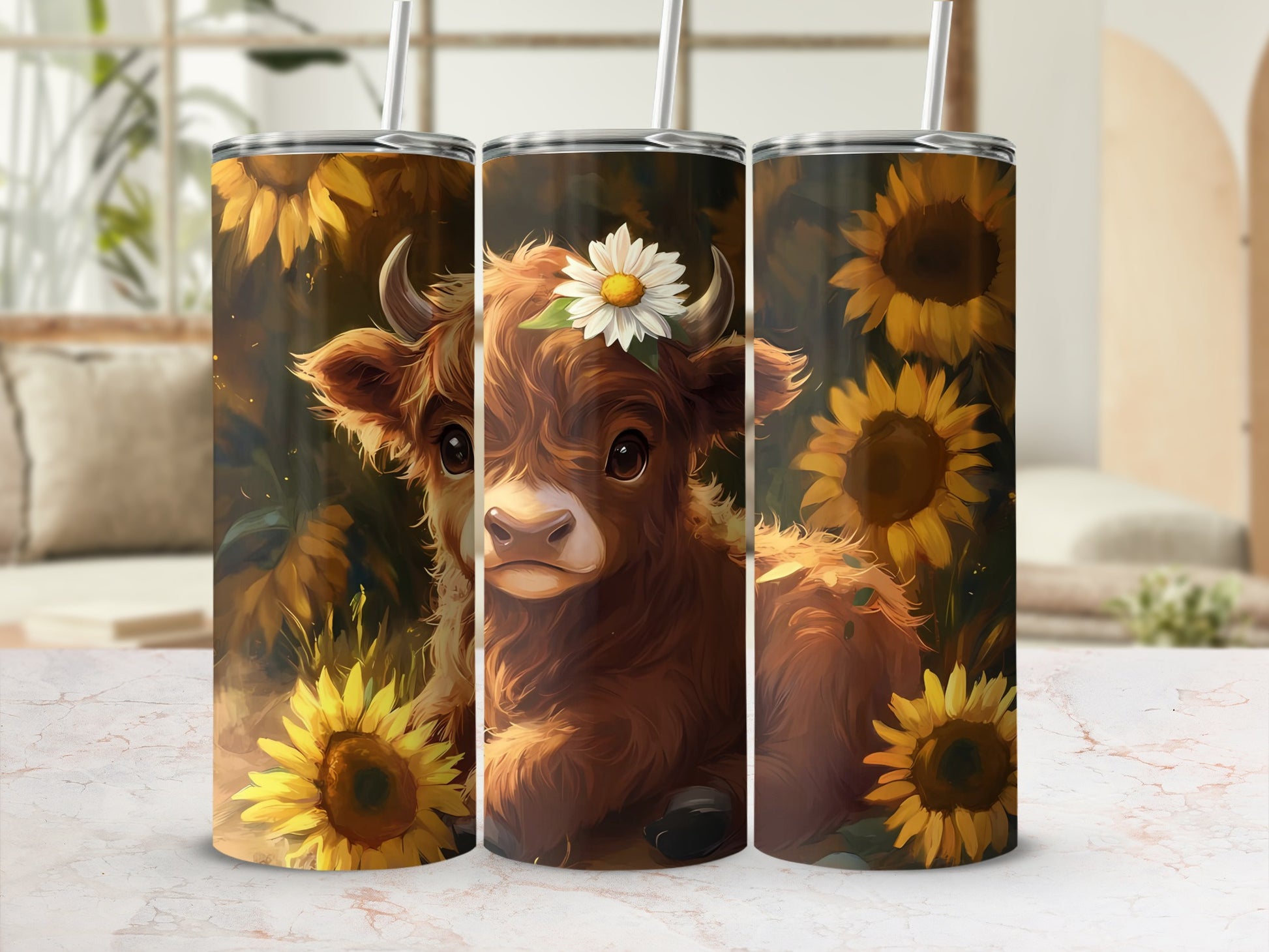 Adorable Highland Cow and Sunflowers Art Tumbler