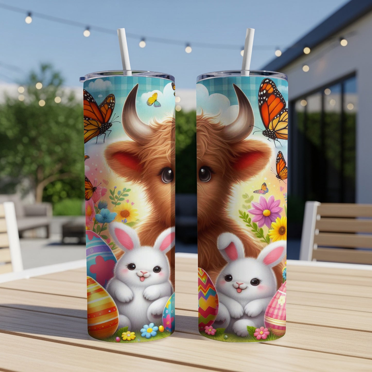 Highland cow and Easter bunnies with butterflies and painted eggs.
