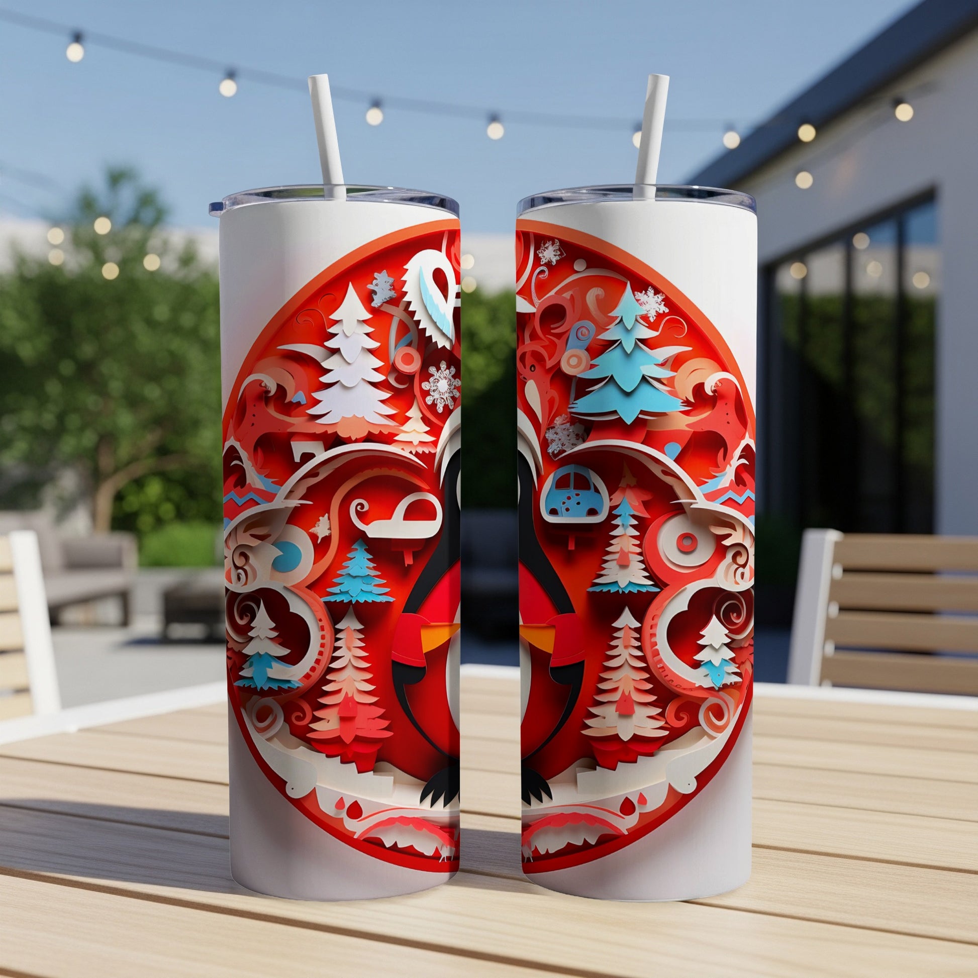 Two white tumblers with a red, white, and blue winter forest scene.