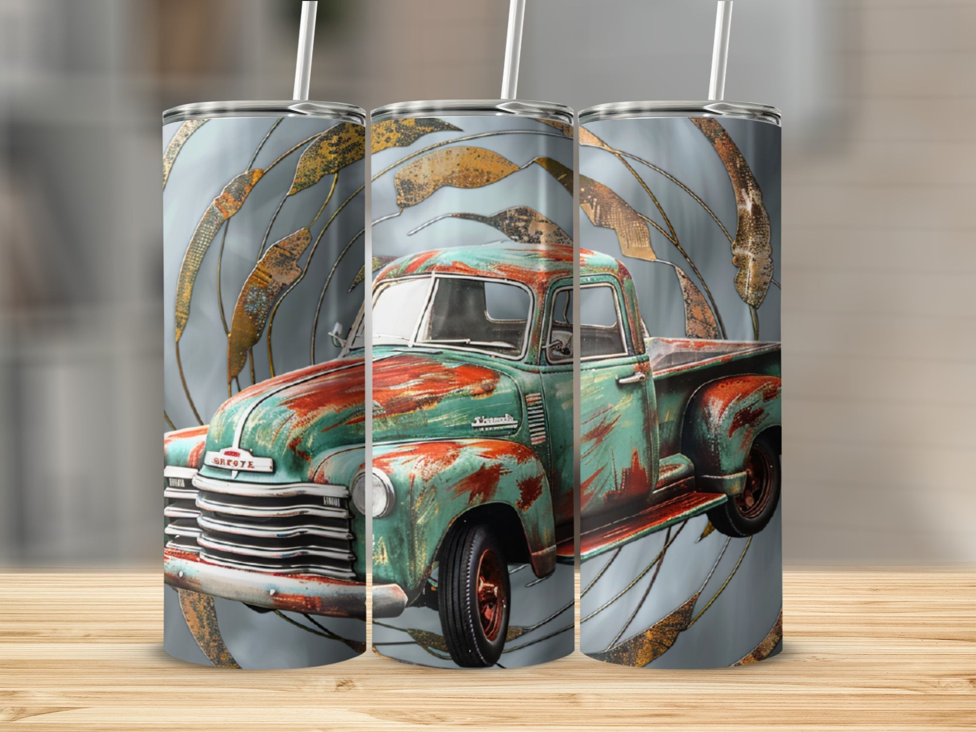Triptych of a distressed turquoise and red vintage pickup truck design.