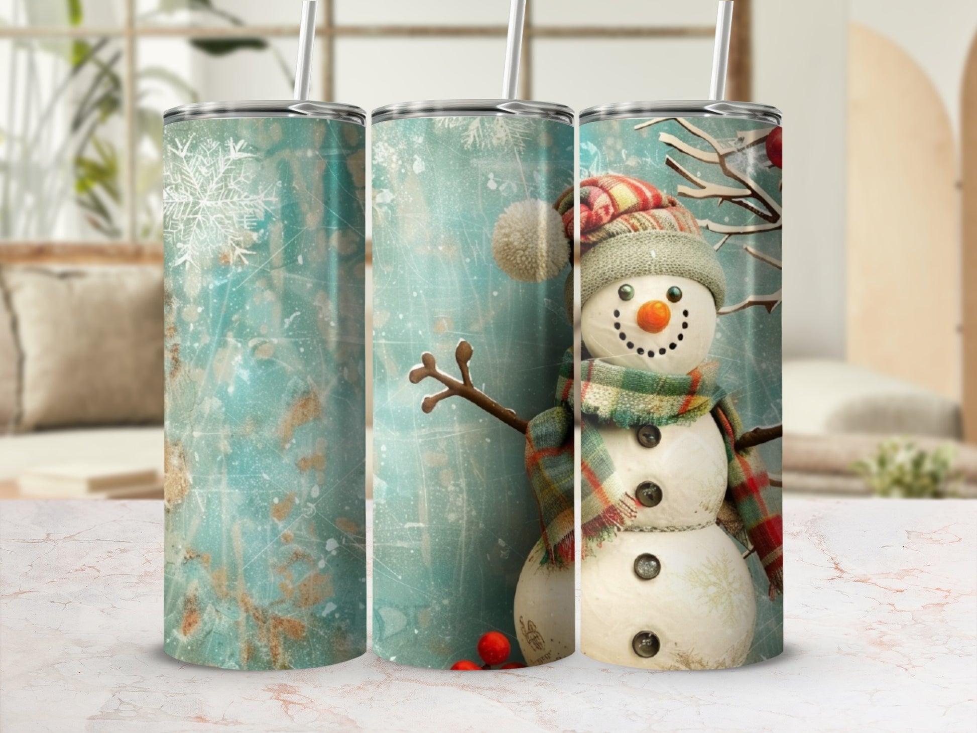 Snowman wearing a scarf and hat, surrounded by snow and snowflakes.