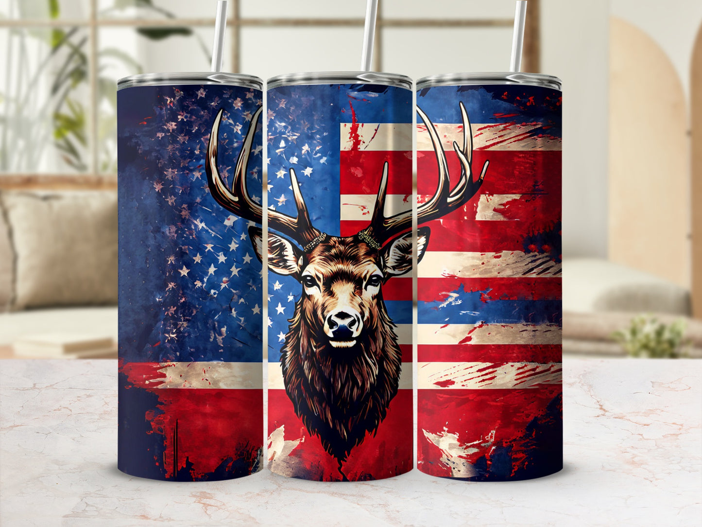 Deer head on American flag patterned tumbler with straw.