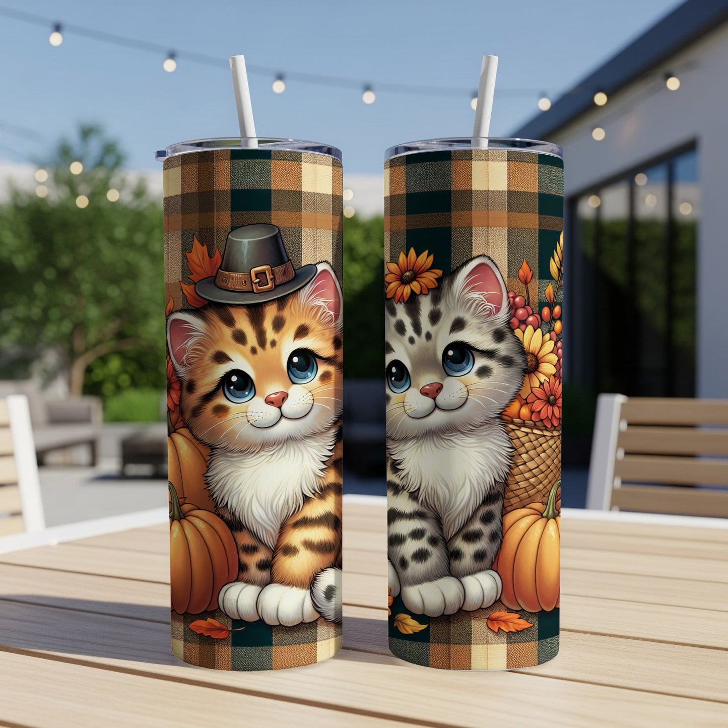 Two fall-themed kitten tumblers with pumpkins and plaid background.
