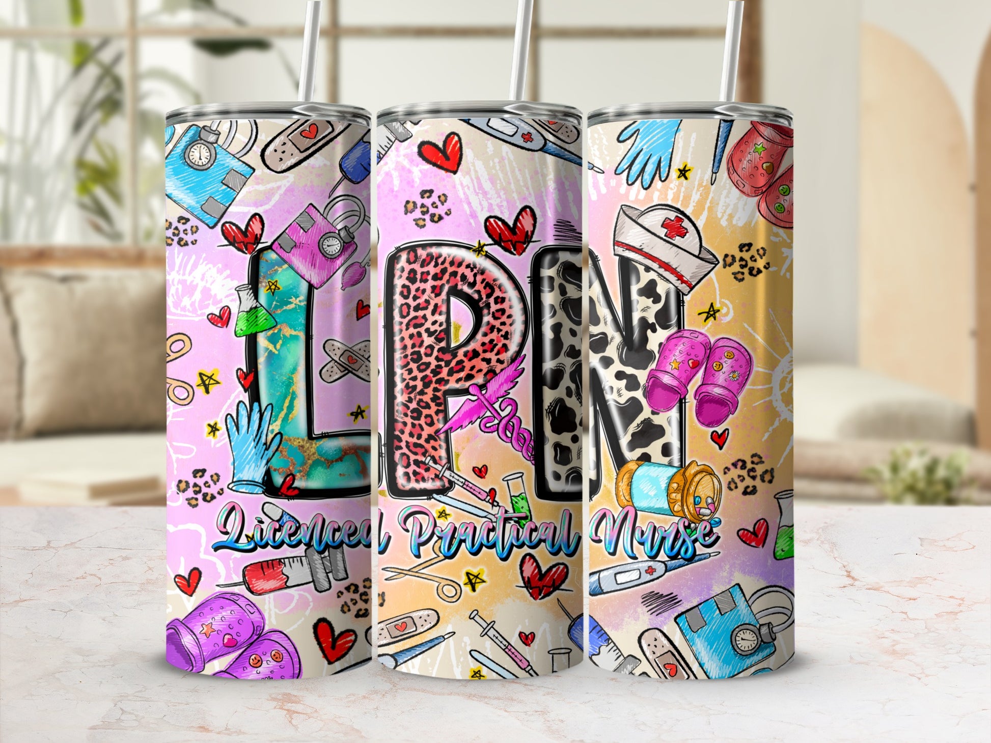Tumbler with "Licensed Practical Nurse" and medical icons in colorful pattern.
