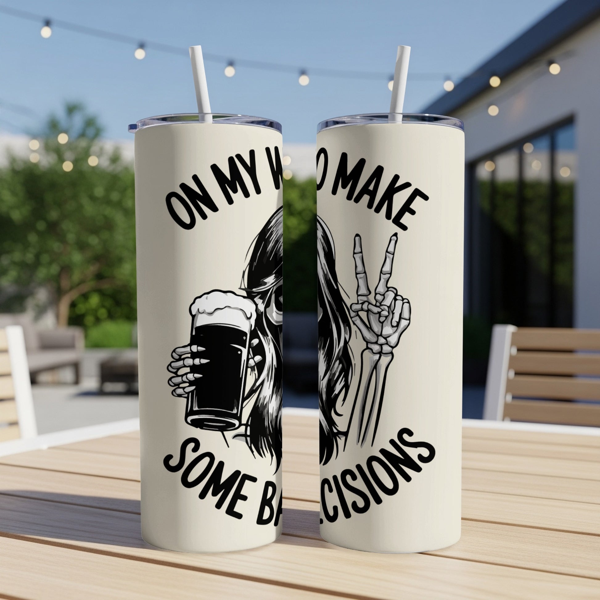 Skeleton holding beer and making peace sign with text.