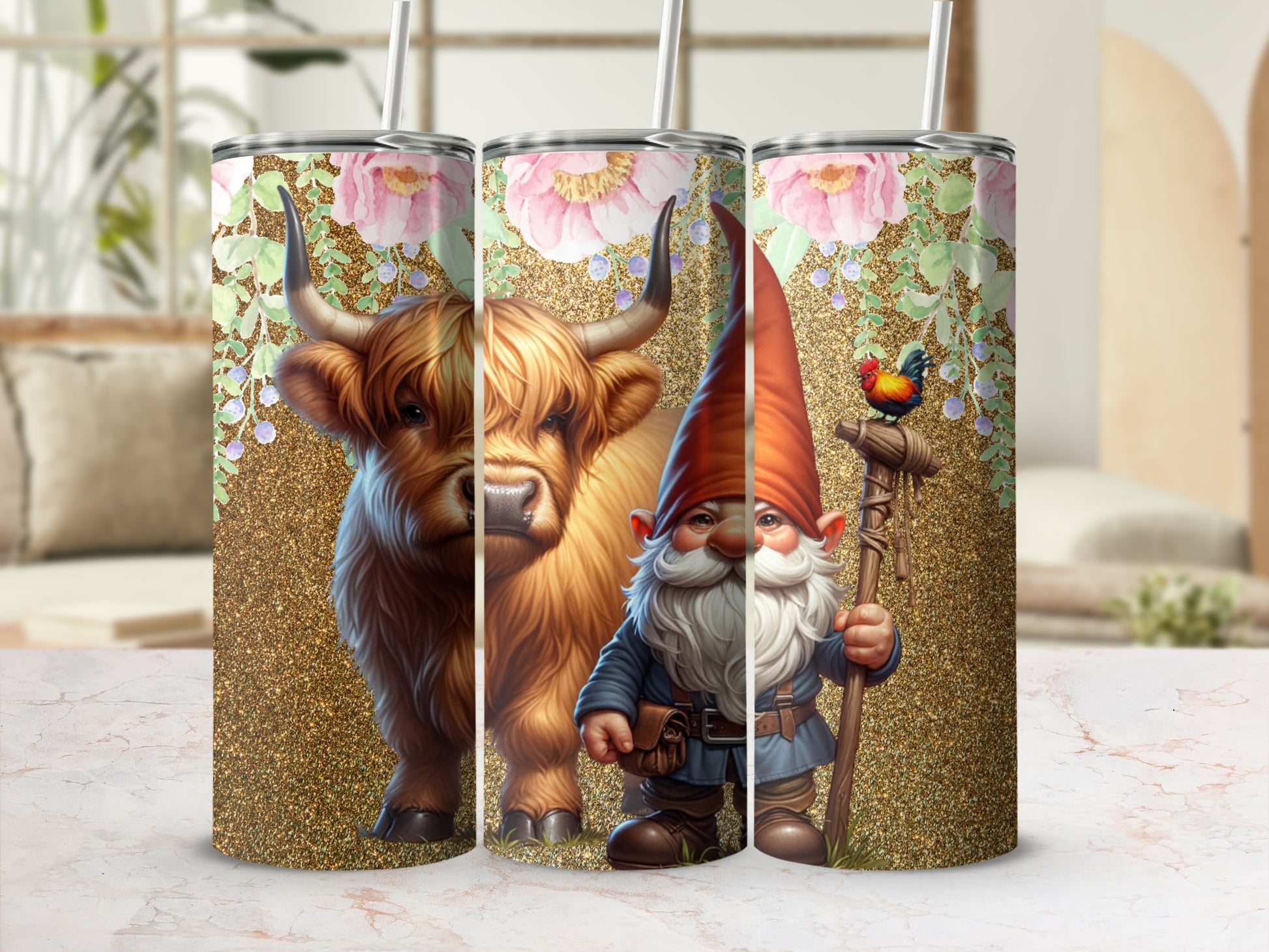 Cute Highland Cow and Gnome Tumbler with Straw