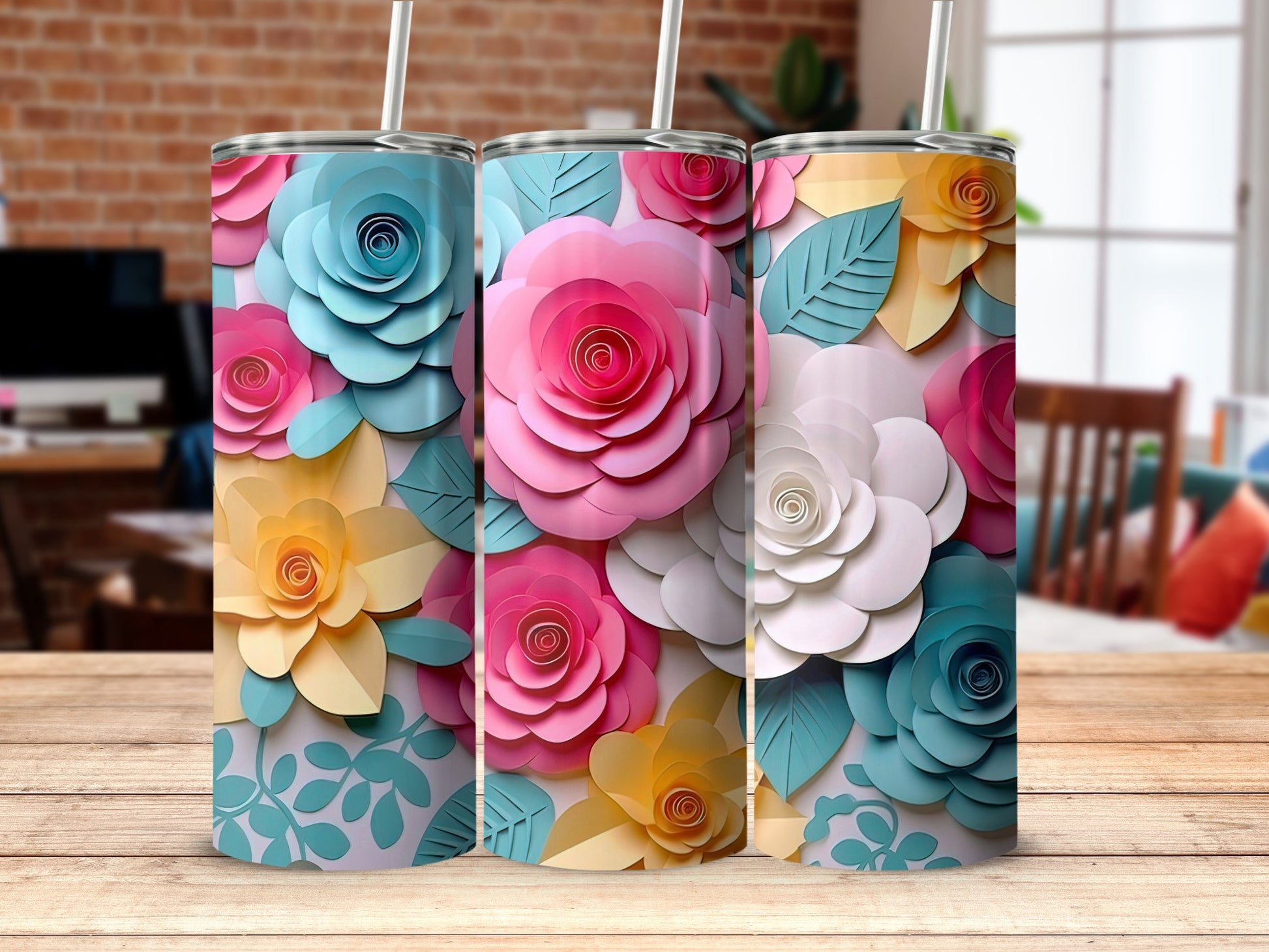 Vibrant Floral Pattern Triple Tumbler Drinkware Set