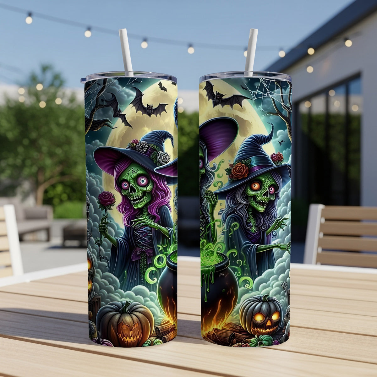 Two tumblers with Halloween witch and pumpkin art.