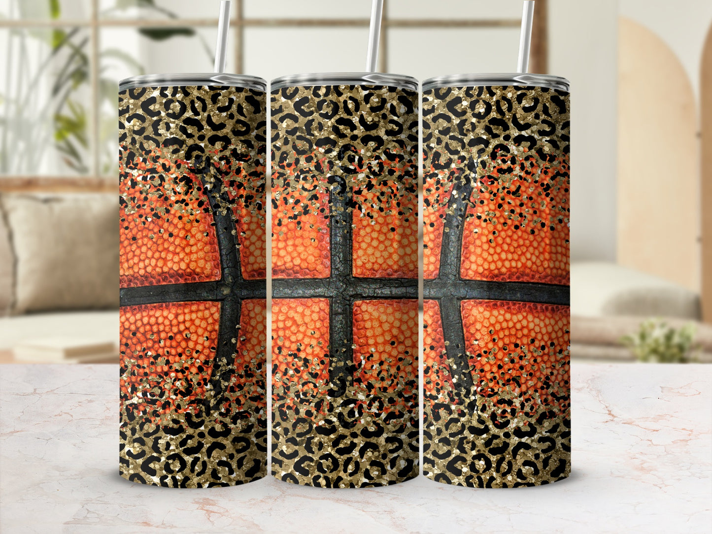 Basketball tumbler with leopard print and glitter accents.