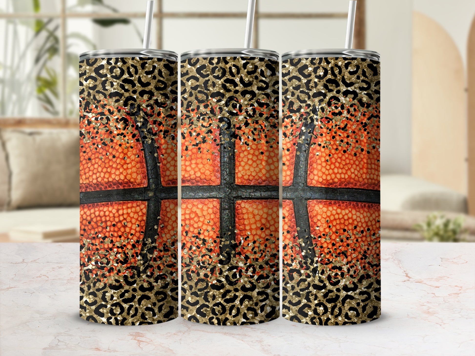 Basketball tumbler with leopard print and glitter accents.