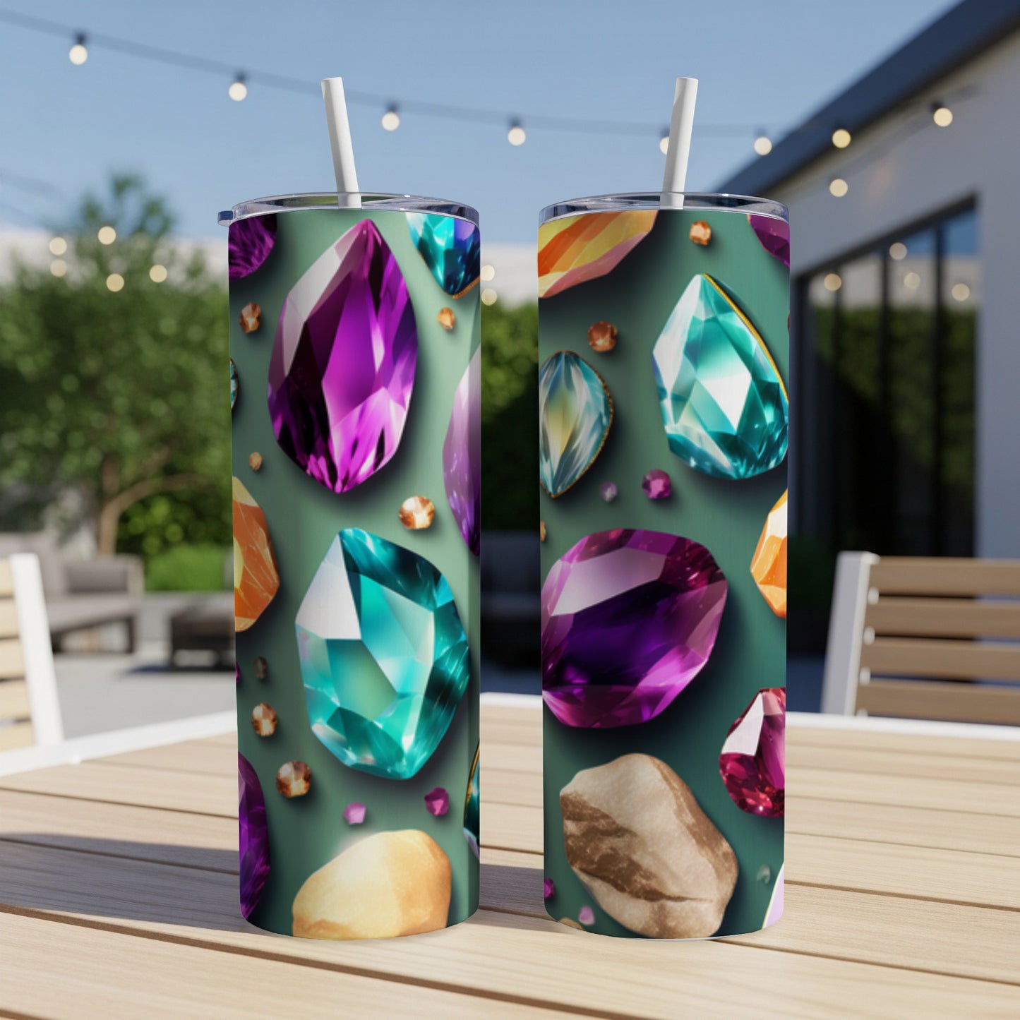 Two tumblers with a repeating pattern of colorful, faceted gemstones.