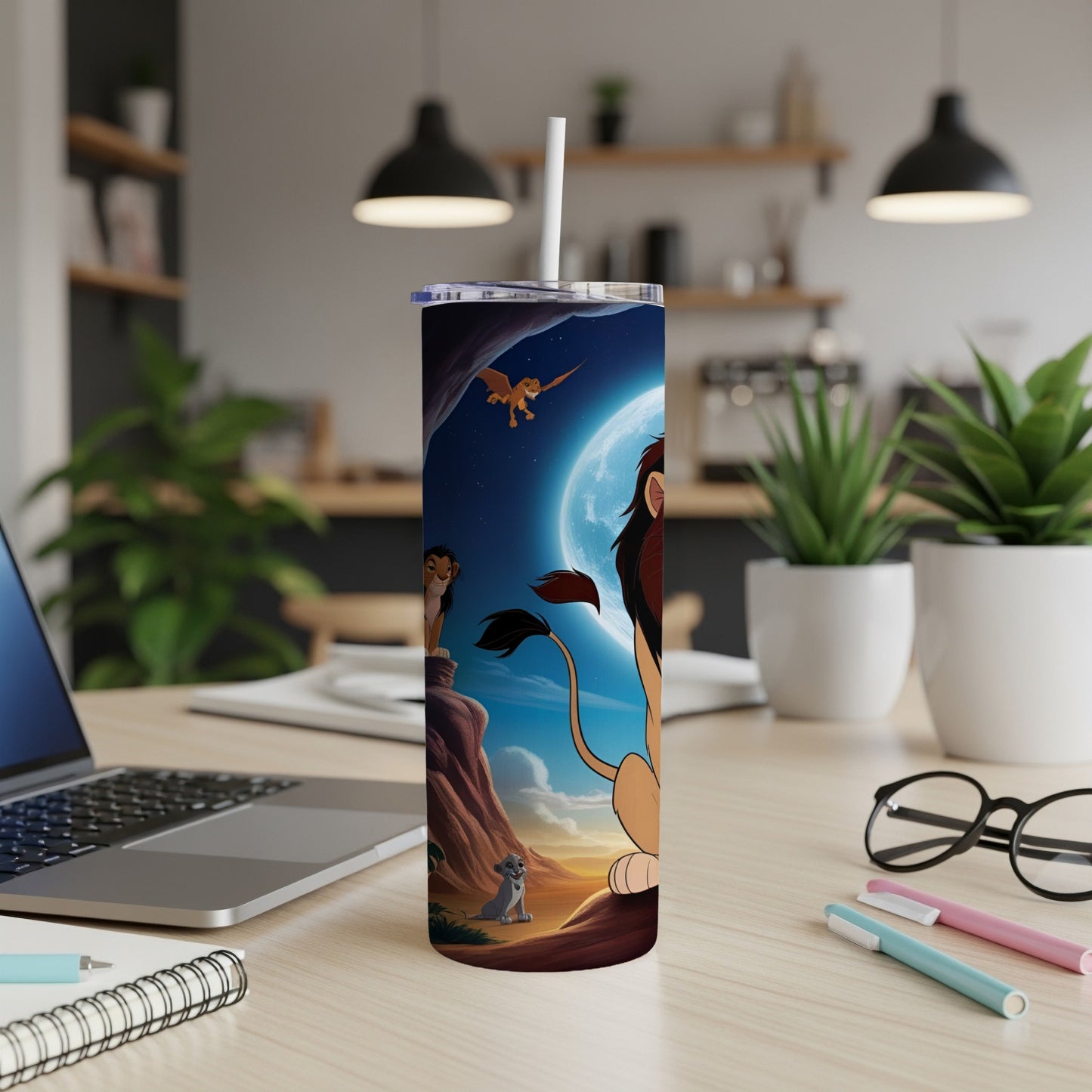 The Lion King characters Simba and Nala on a cliff with a full moon.