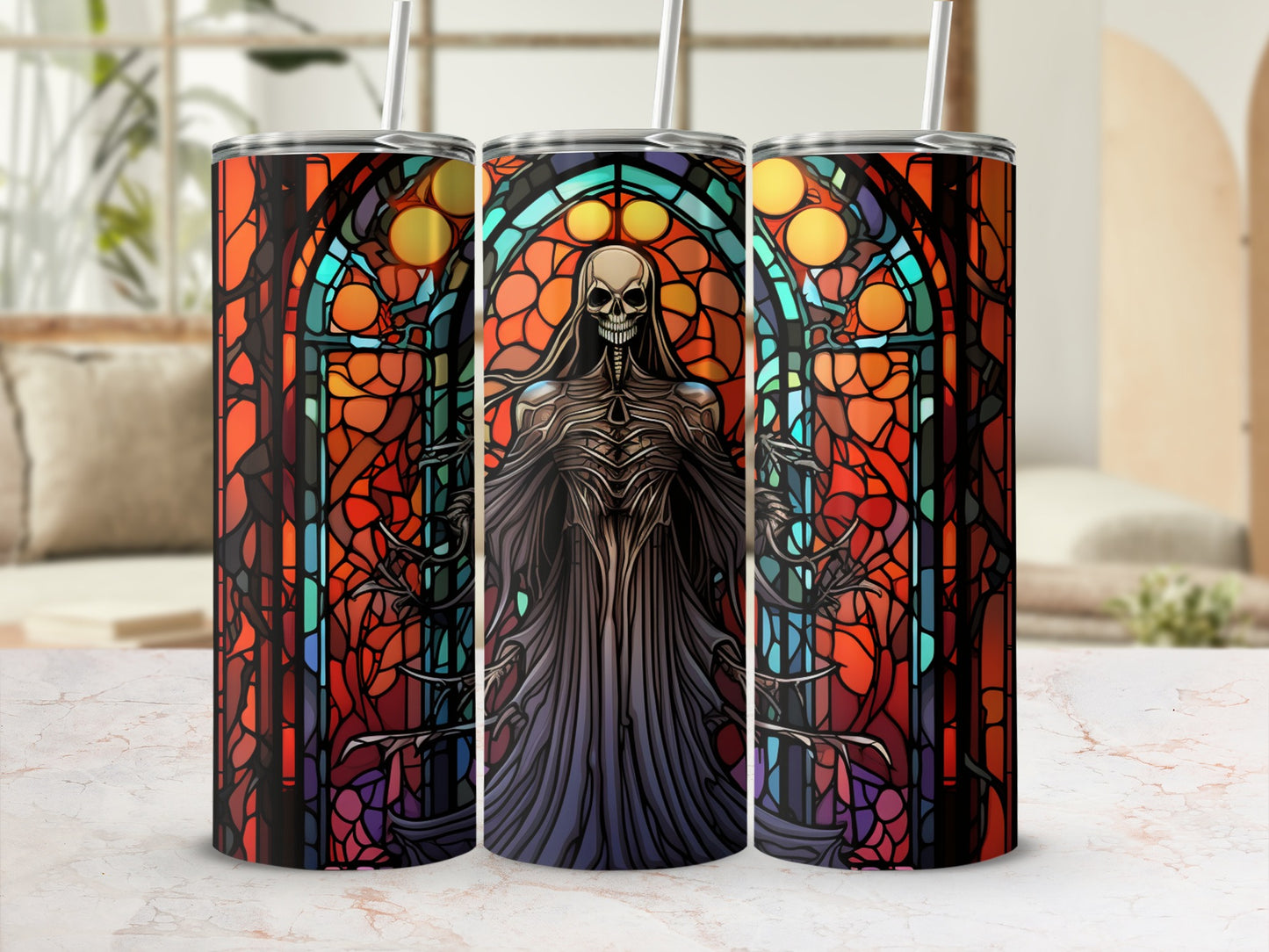 Grim Reaper in stained glass design on a tumbler.