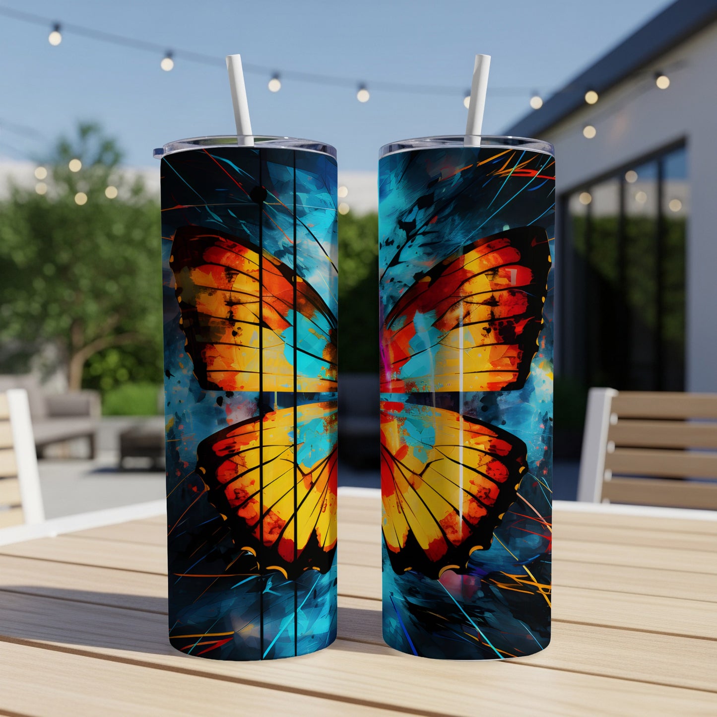 Two tall tumblers with a vibrant orange and yellow butterfly design.
