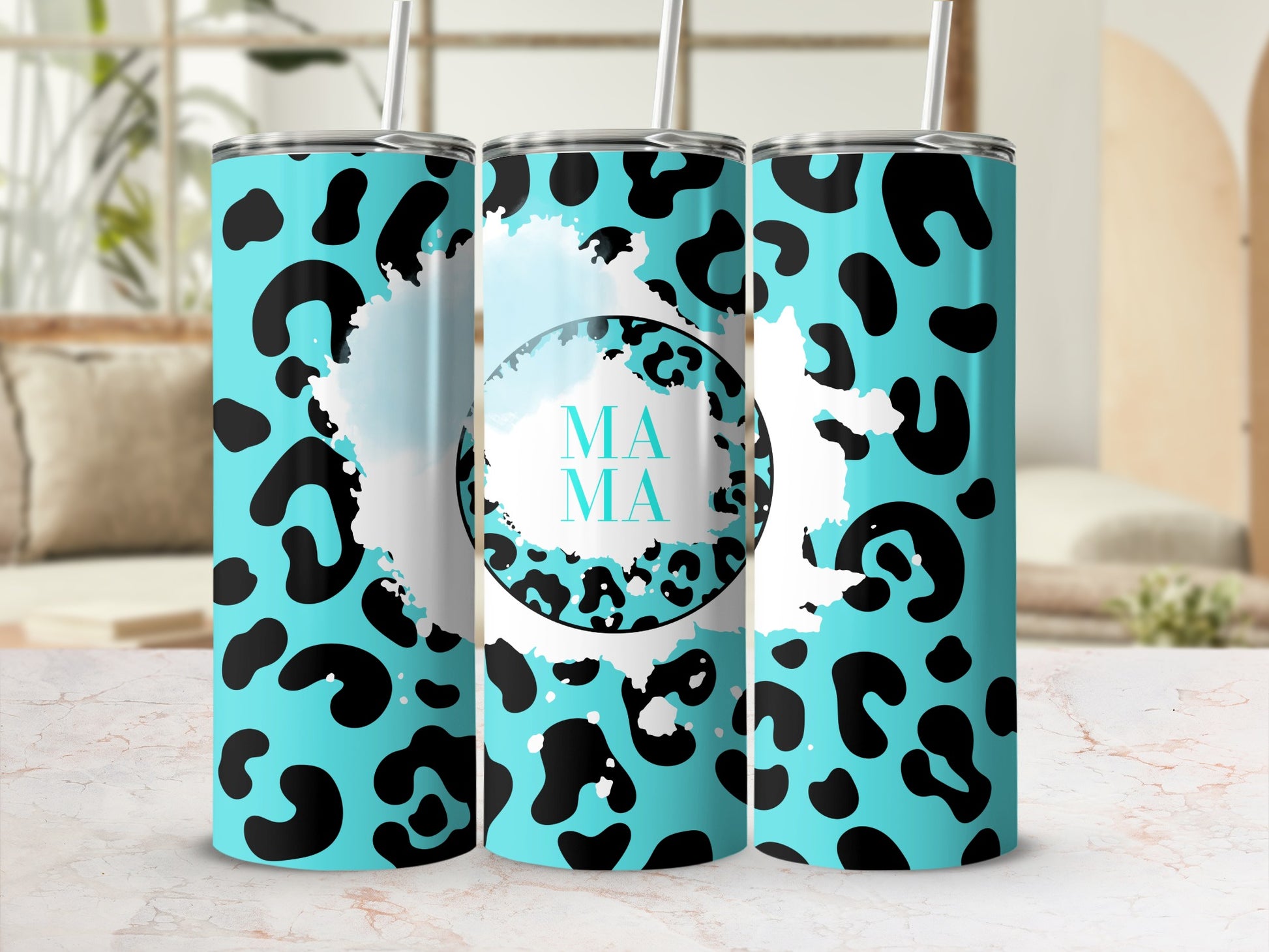 Turquoise Leopard Print Tumbler with MAMA Text