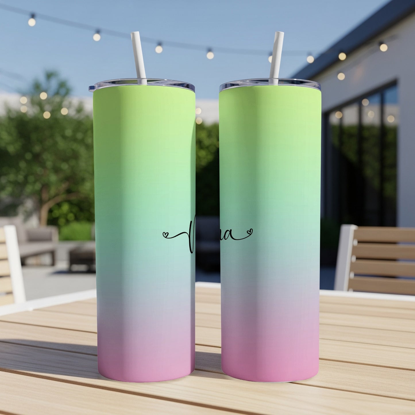 Two tall tumblers with a pink-to-green gradient and "Nala" text.