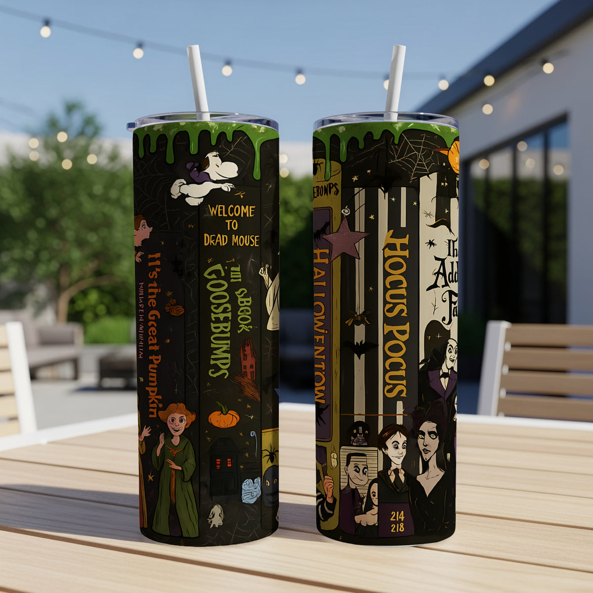 Two tumblers with Halloween designs: Goosebumps and Hocus Pocus themes.