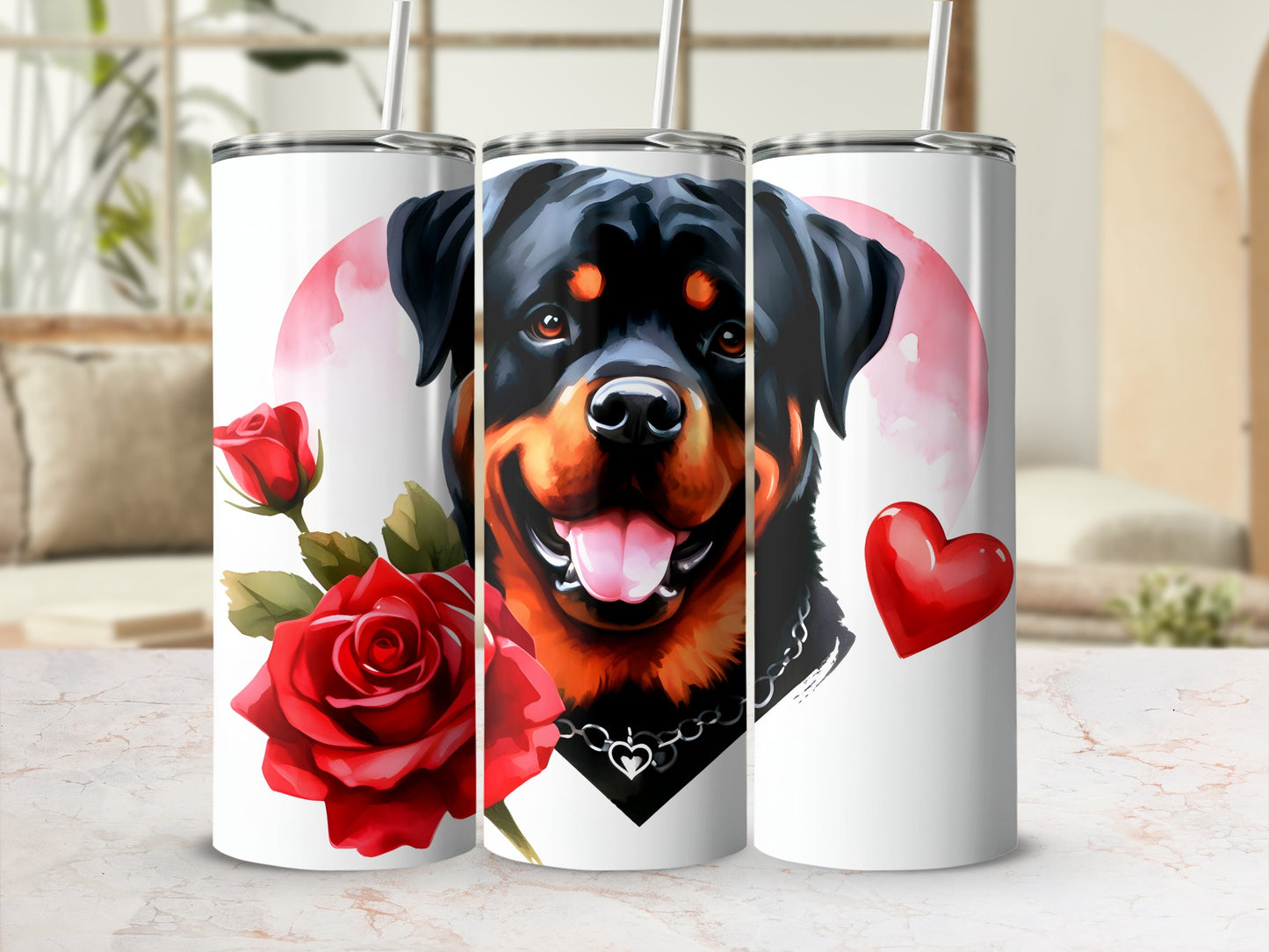 Rottweiler head with red roses and heart on a white tumbler.