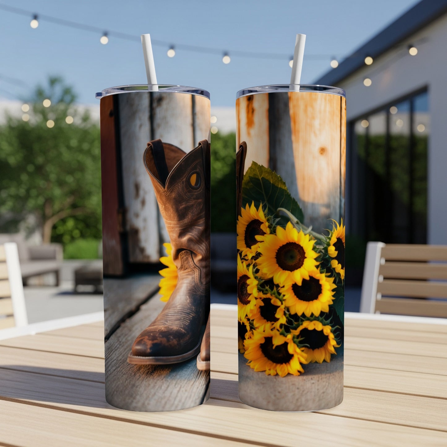 Brown cowboy boot and sunflowers on a wooden surface.