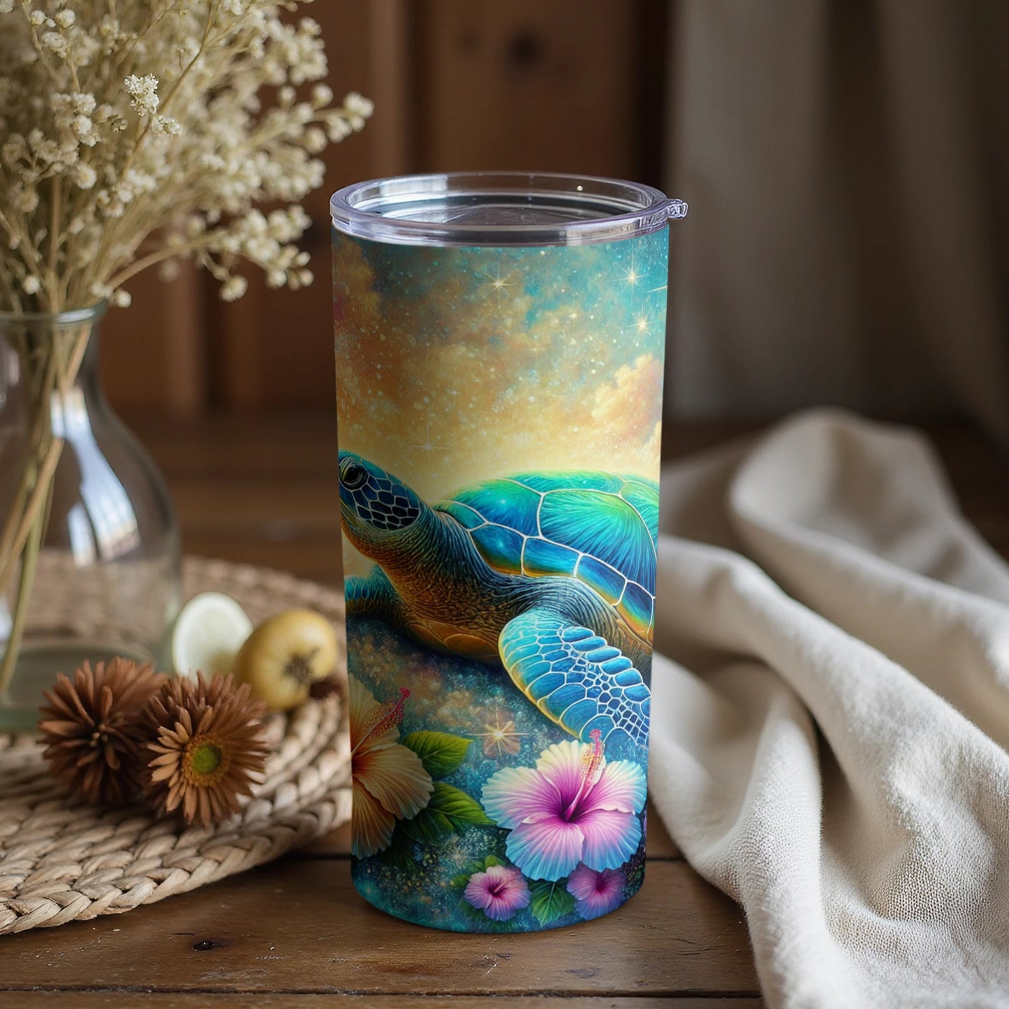 Colorful Sea Turtle and Flowers Travel Mug Tumbler