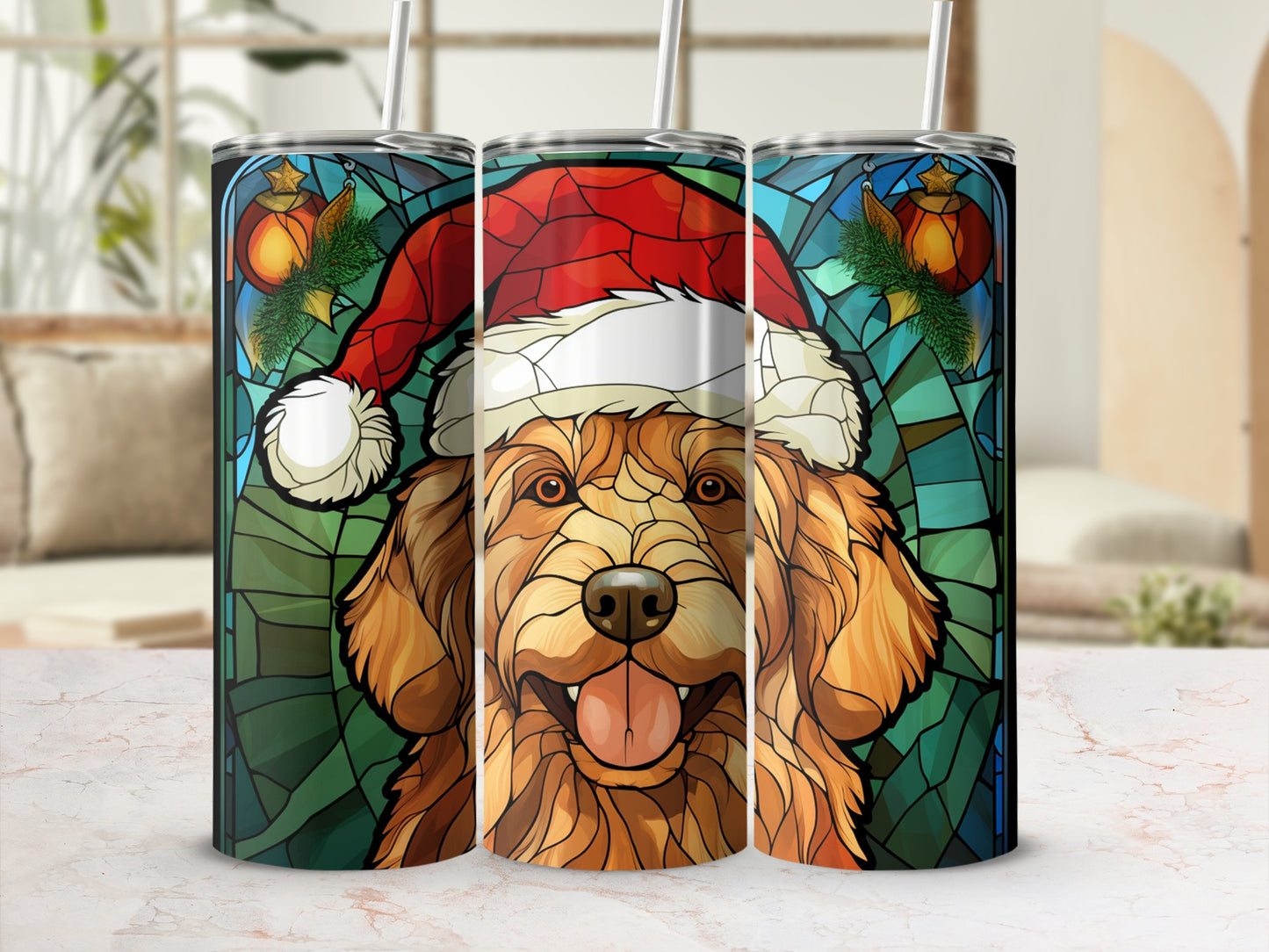 Golden Retriever wearing Santa hat on stained glass tumbler.