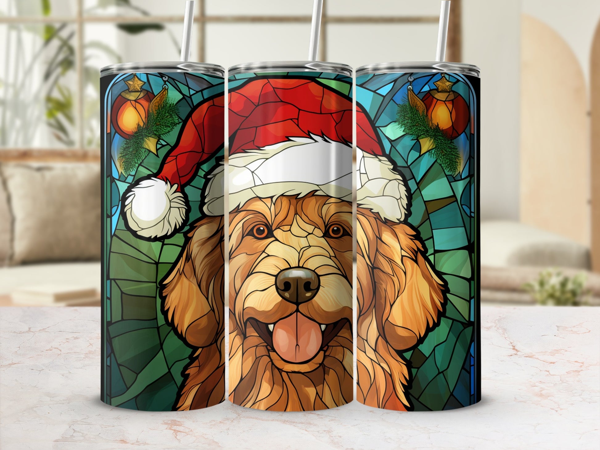 Golden Retriever wearing Santa hat on stained glass tumbler.