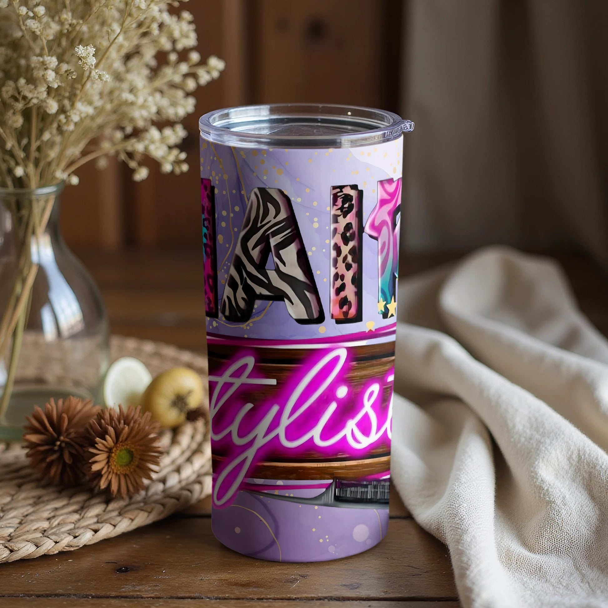 Stylist Themed Tumbler with Vibrant Art Design