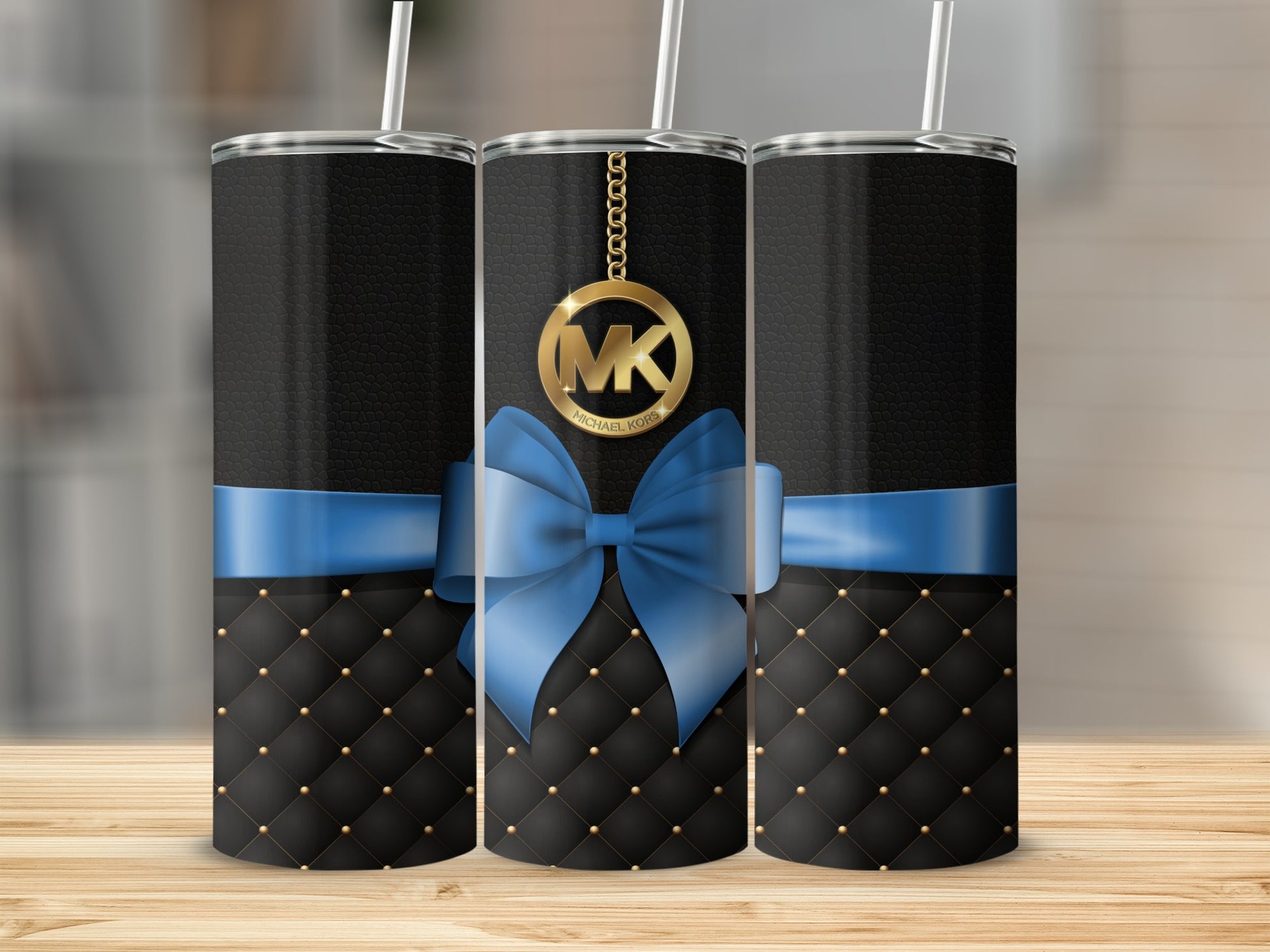 Elegant Black and Blue Tumbler with Gold Monogram Design