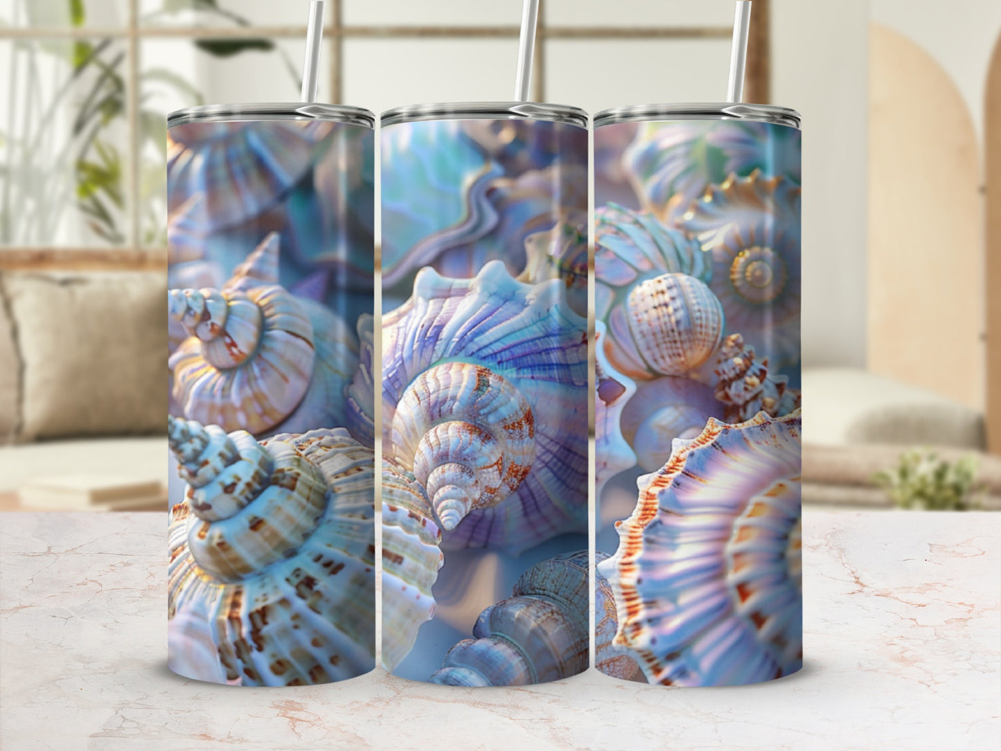 Close-up of various seashells with purple and blue hues.