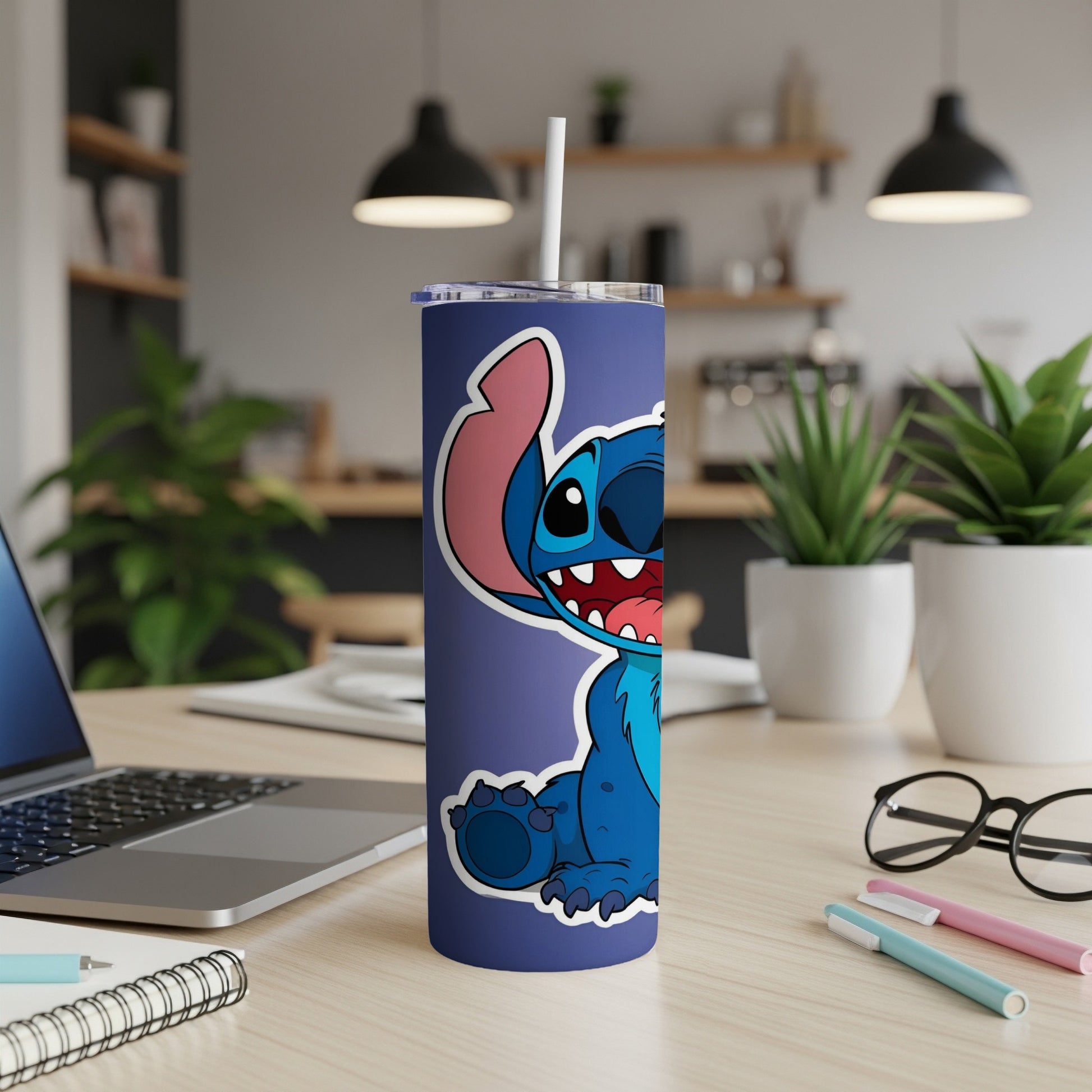 Blue Stitch character on a purple tumbler with a straw.