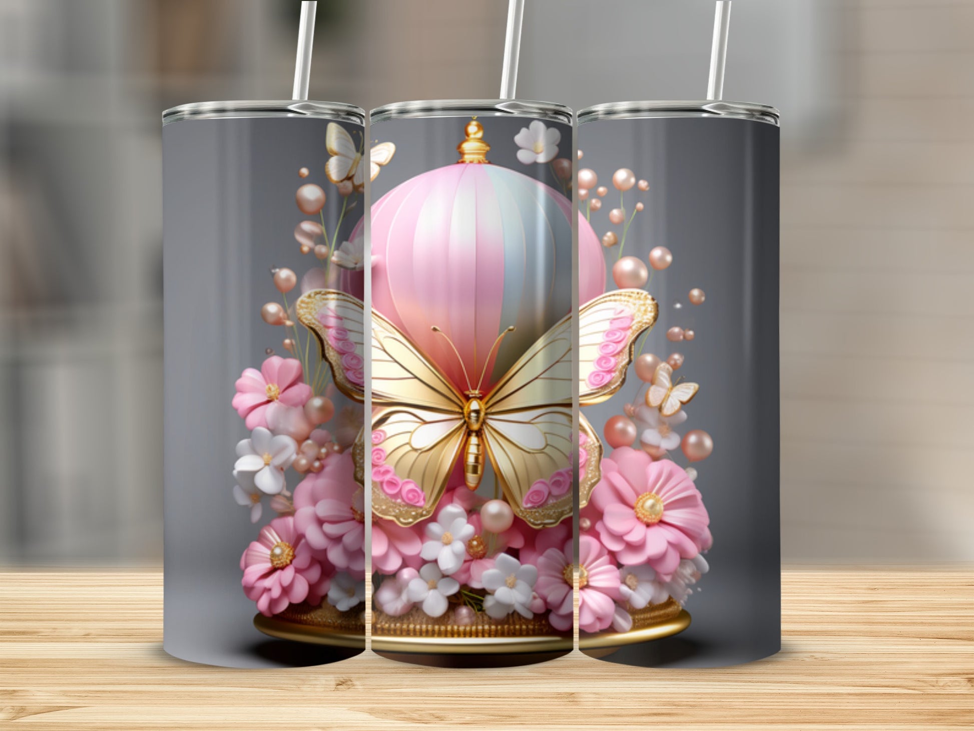 Pink and white hot air balloon with gold butterfly and pink flowers.