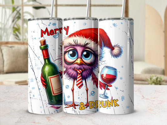 Funny Christmas tumbler with a purple bird in a Santa hat, bottle, and wine glass.