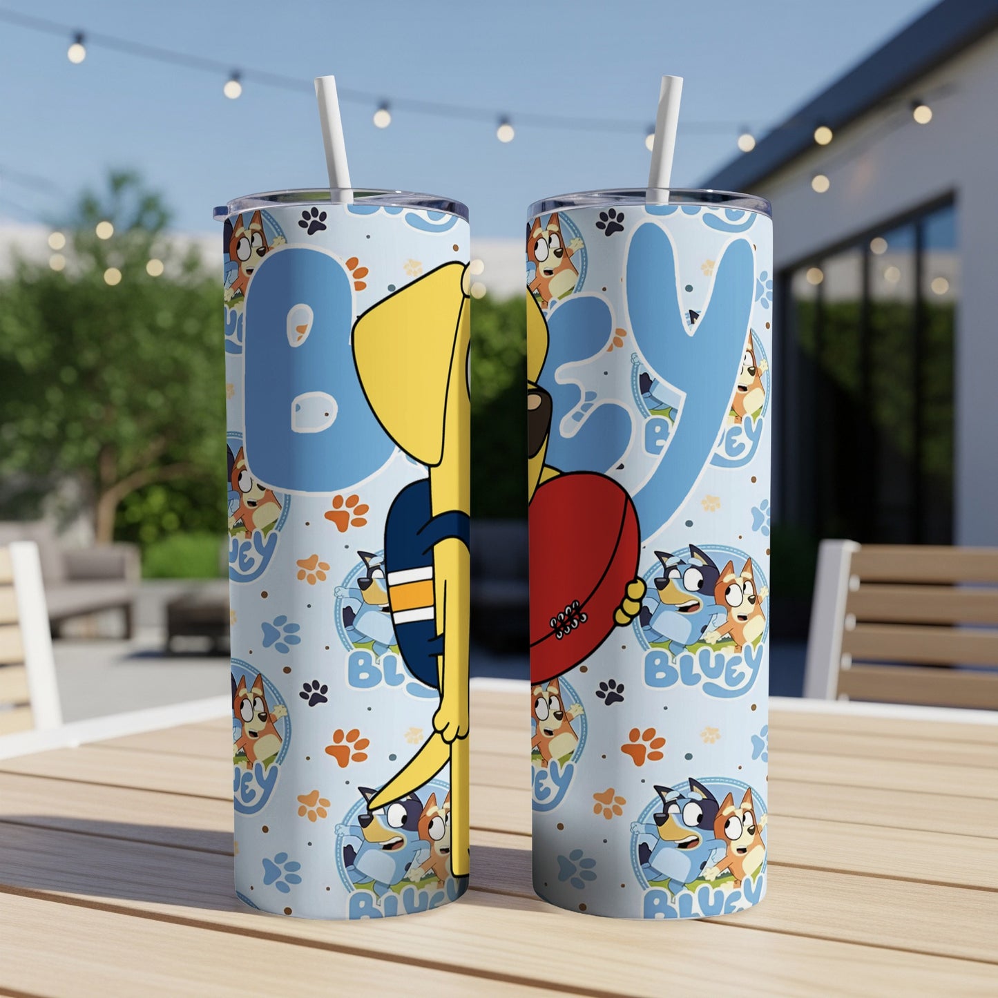 Bluey and Bingo character tumbler with paw prints and "Bluey" text.