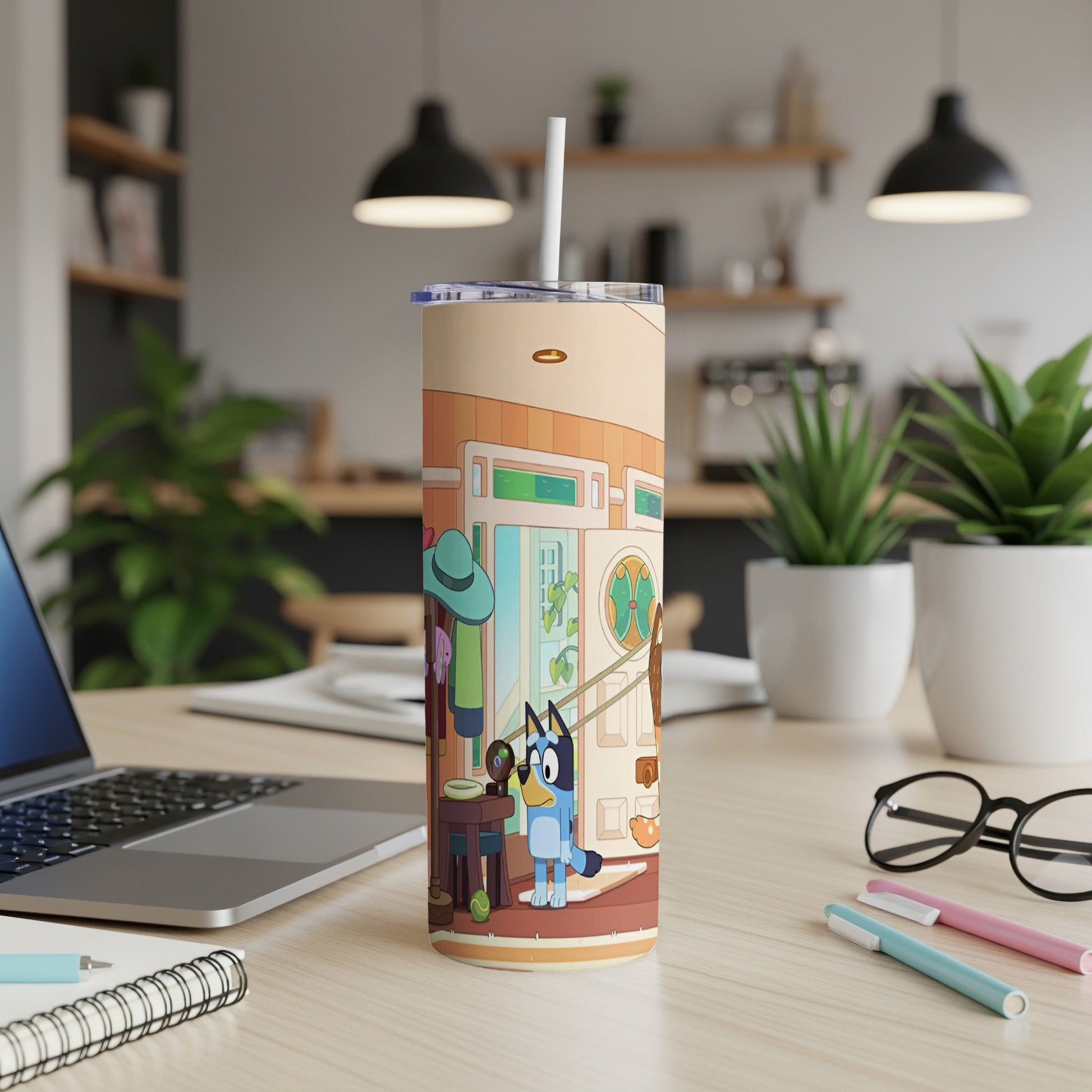 Bluey character on a tumbler with kitchen background.