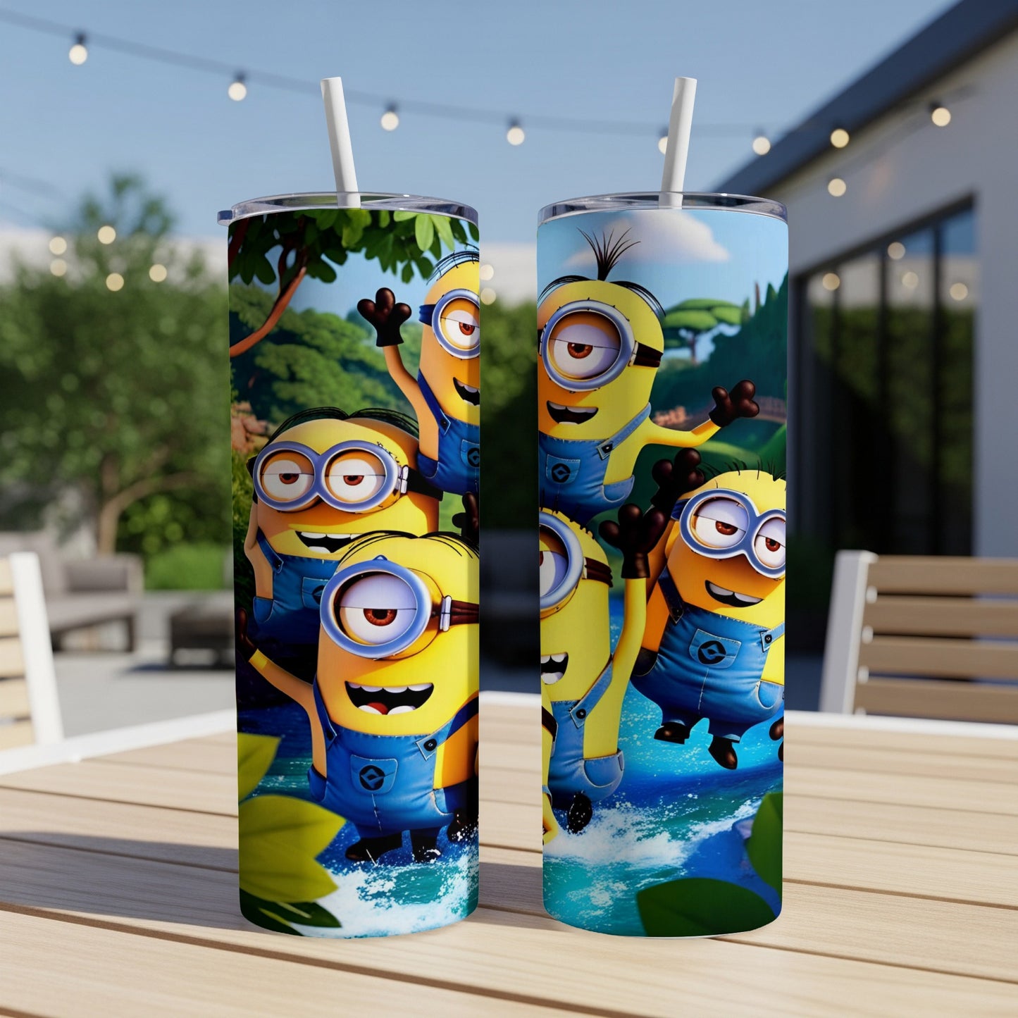 Minions in overalls splashing in water on a tumbler.