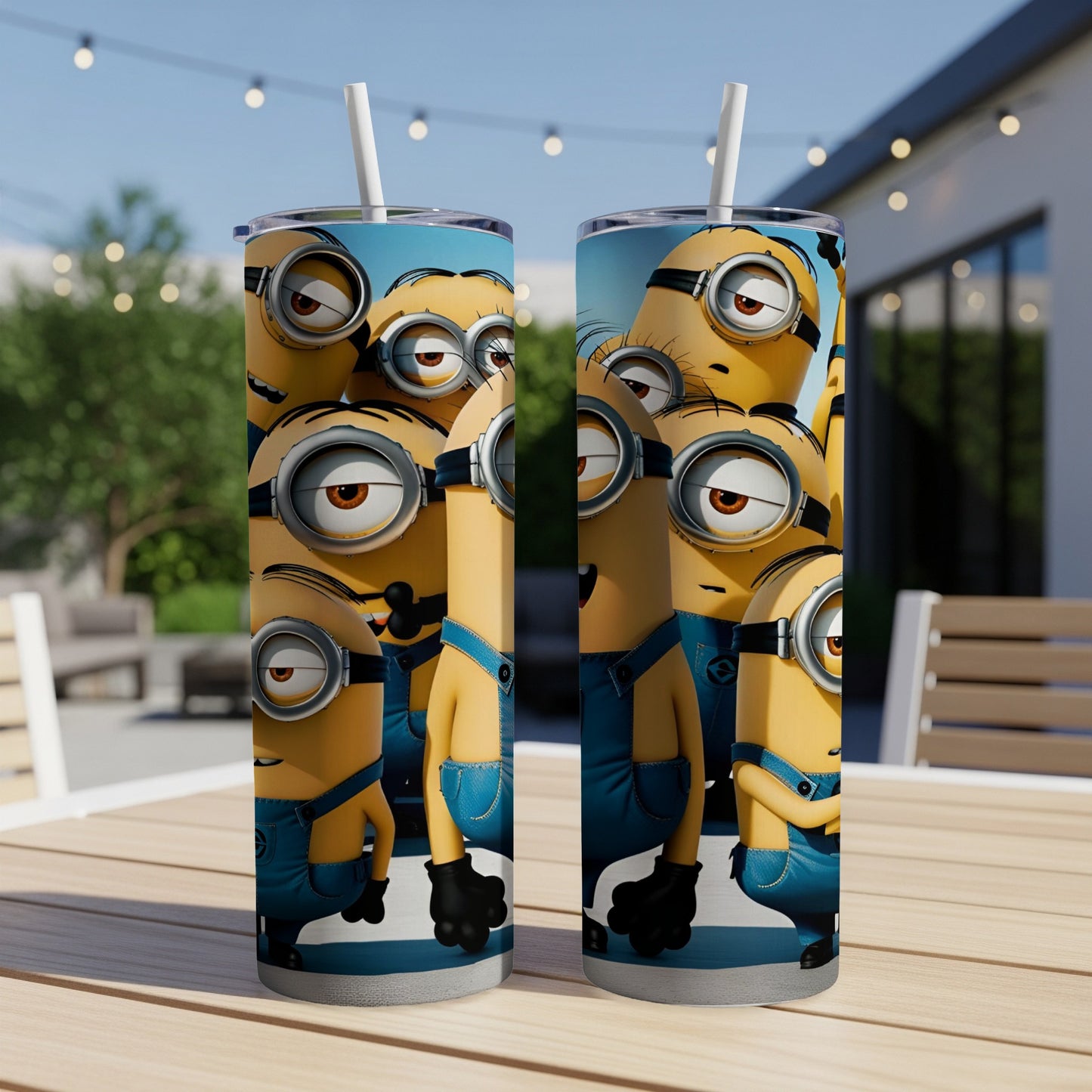 Minions in denim overalls on a white and blue striped background.