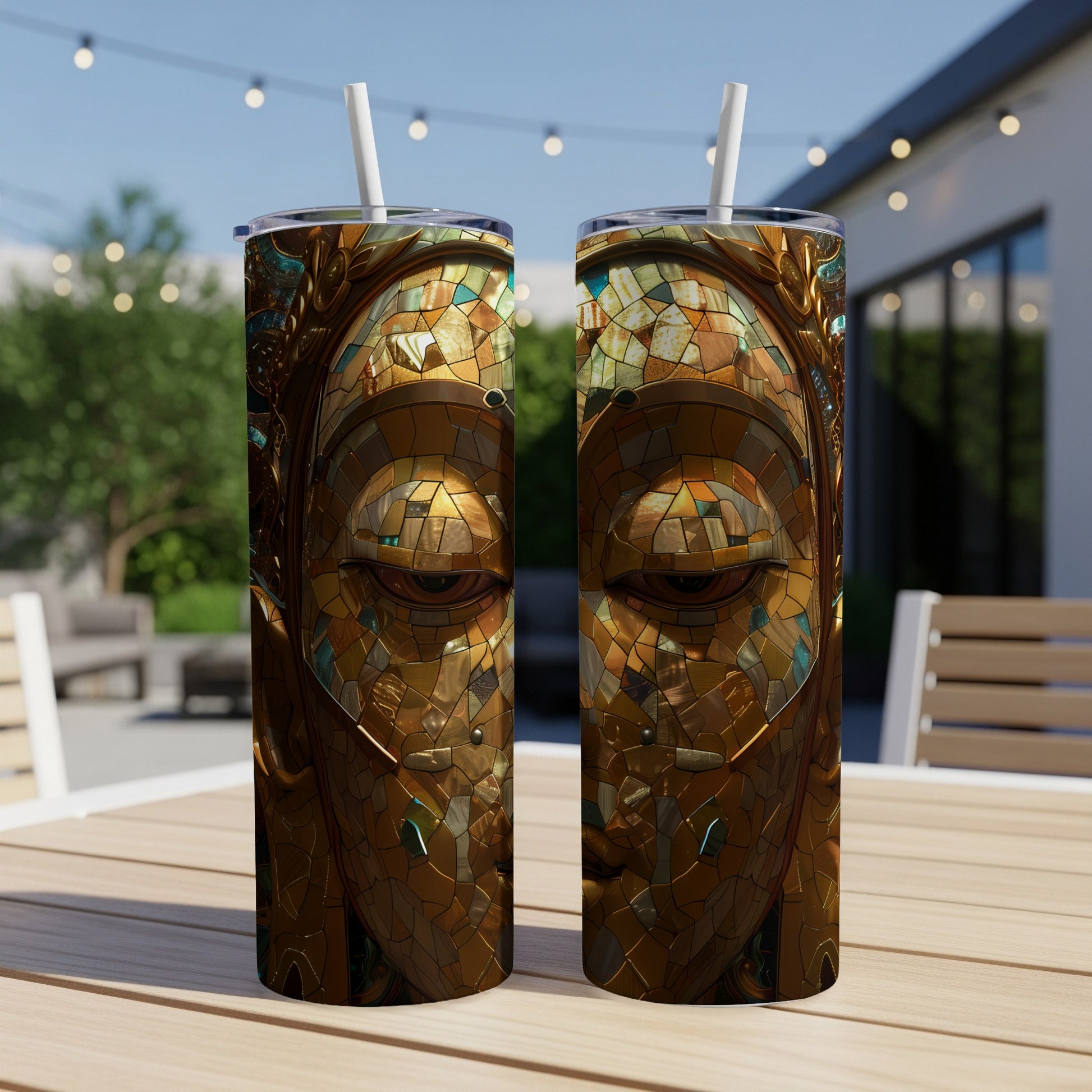 Two tall tumblers featuring a mosaic of a face with golden-brown tiles.