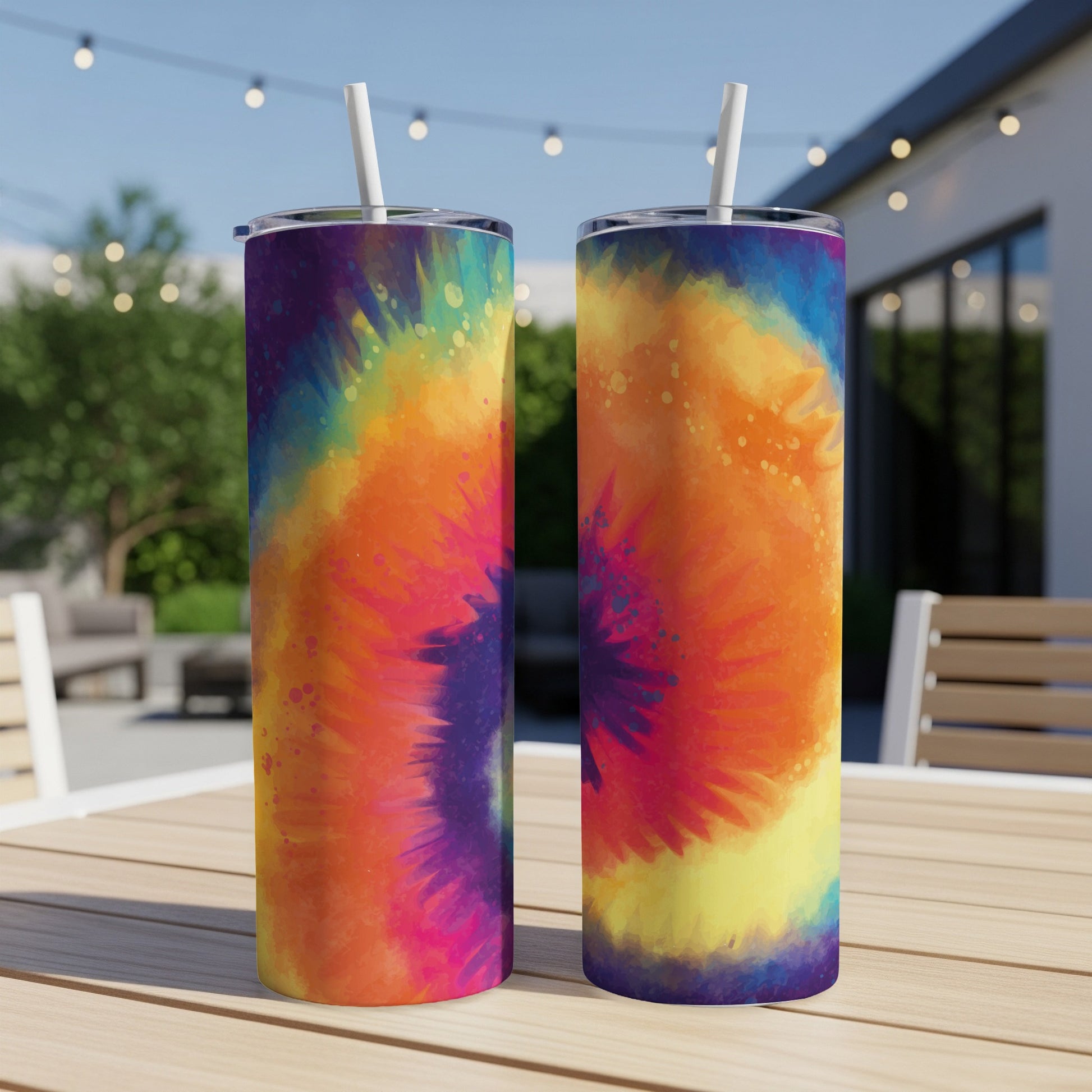 Two tumblers with a colorful tie-dye pattern are on a wooden table.