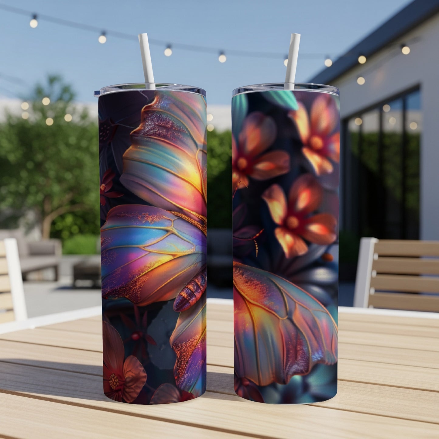 Two iridescent butterfly tumblers with floral accents on a wooden table.