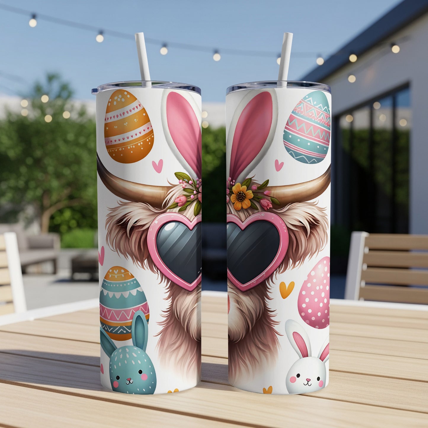 Easter tumbler with bunny, eggs, and cow wearing heart sunglasses.