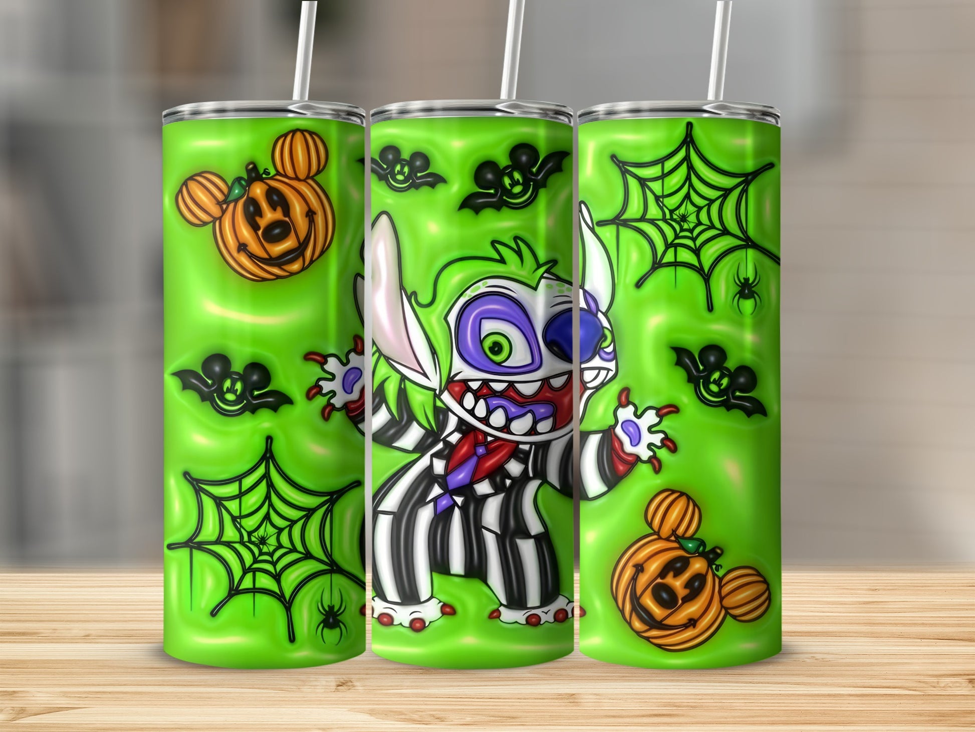 Spooky Green Halloween Tumbler with Cartoon Characters
