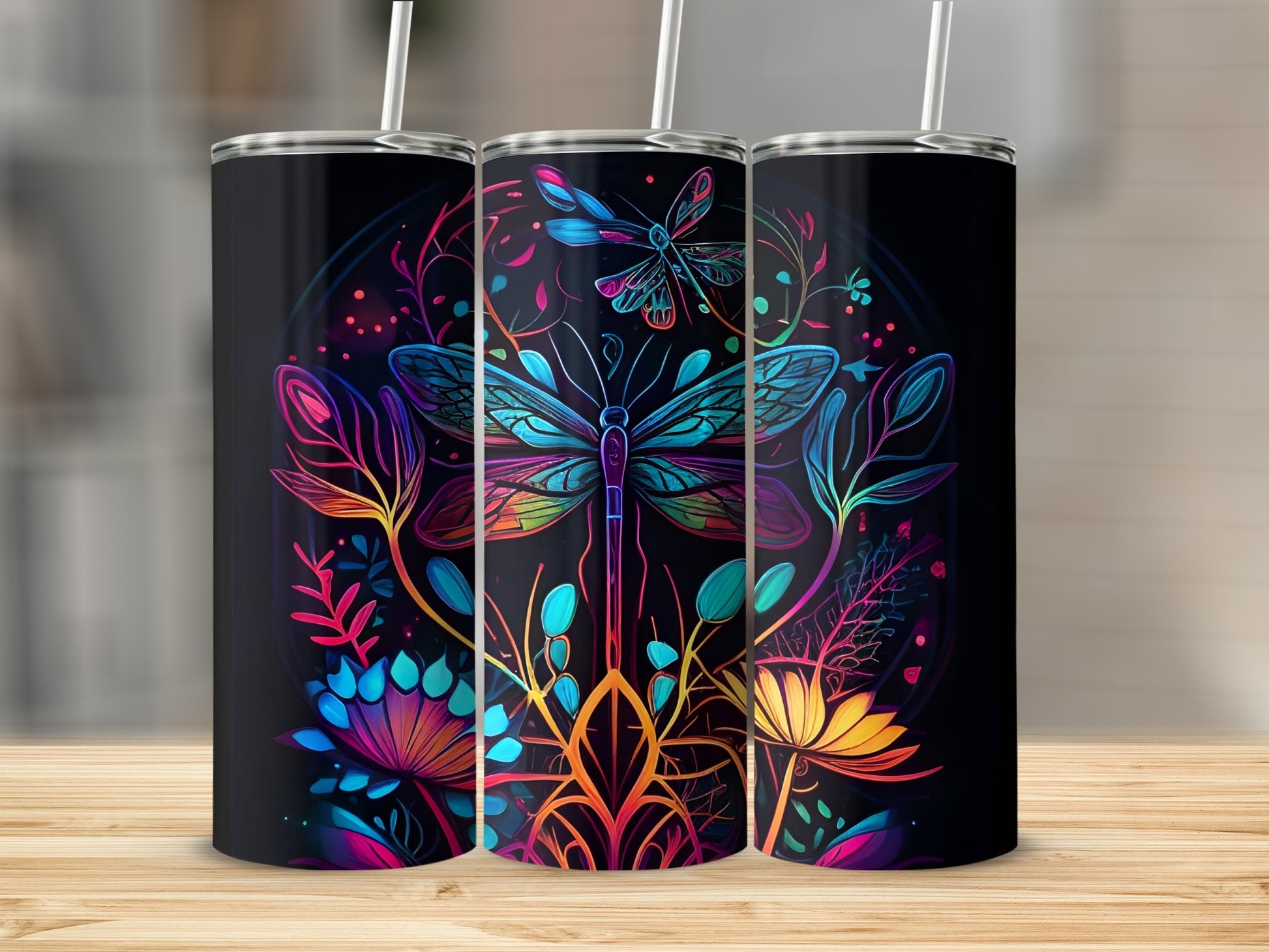 Colorful Dragonfly and Floral Design Tumbler Product
