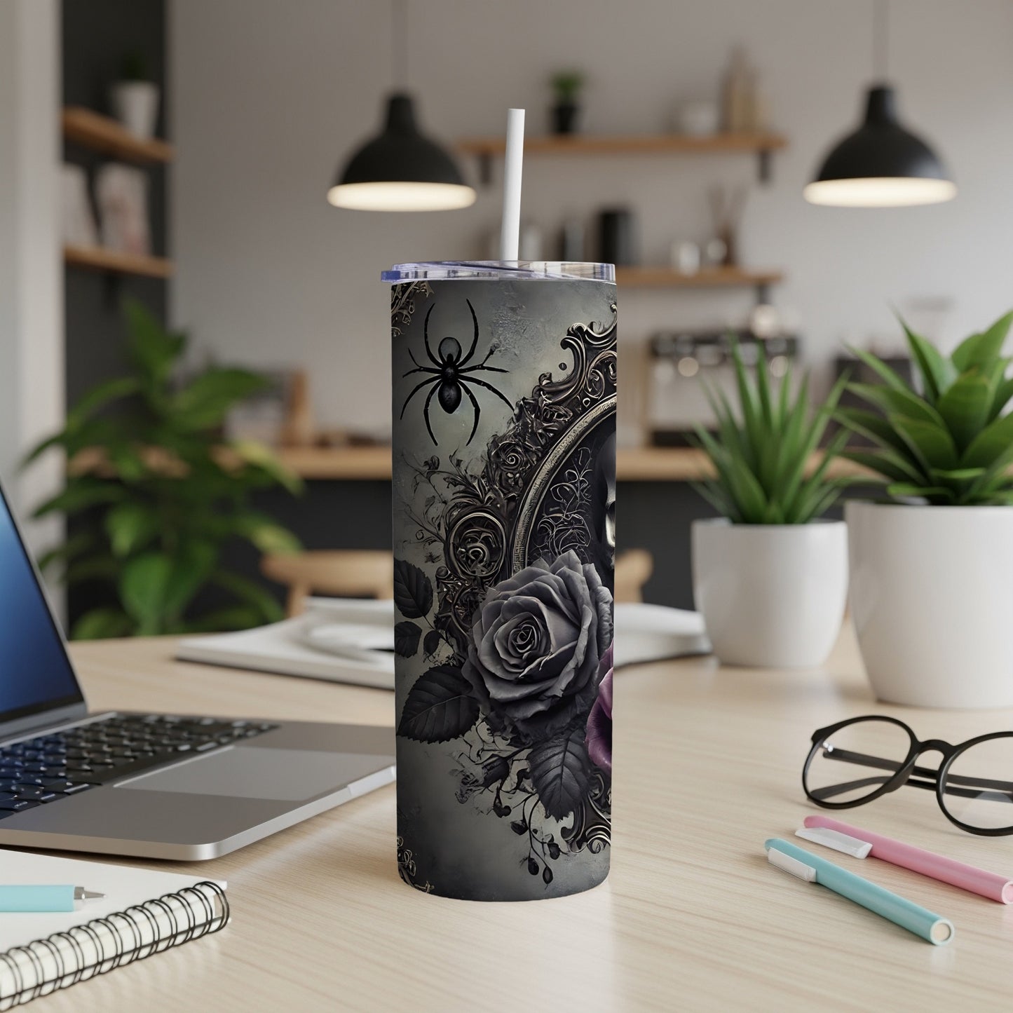 Gothic tumbler with spider, rose, and ornate scrollwork design.