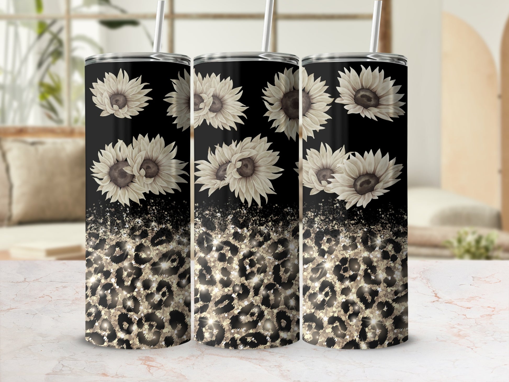 Black tumbler with sunflowers and gold leopard print.