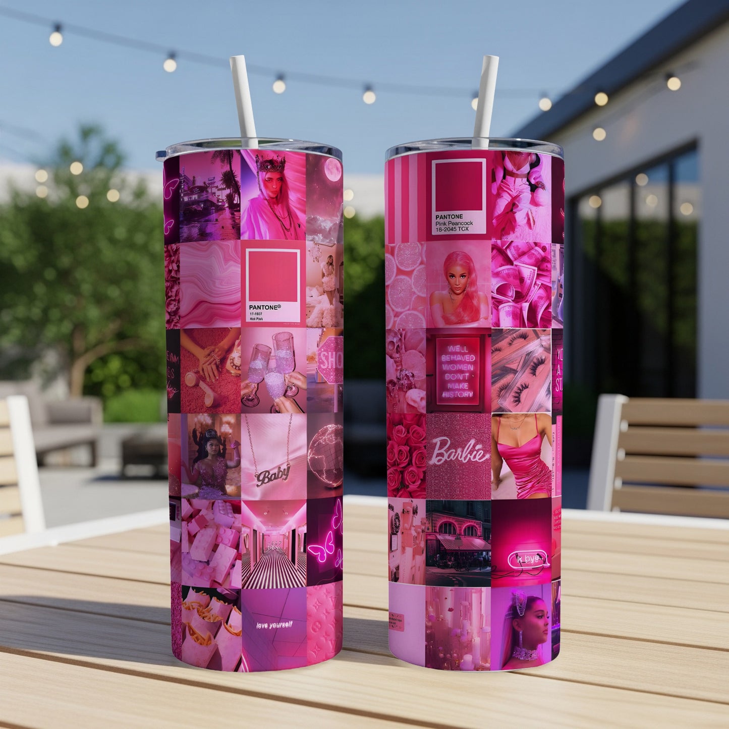 Collage of pink images with Barbie, text, and fashion elements on two tumblers.